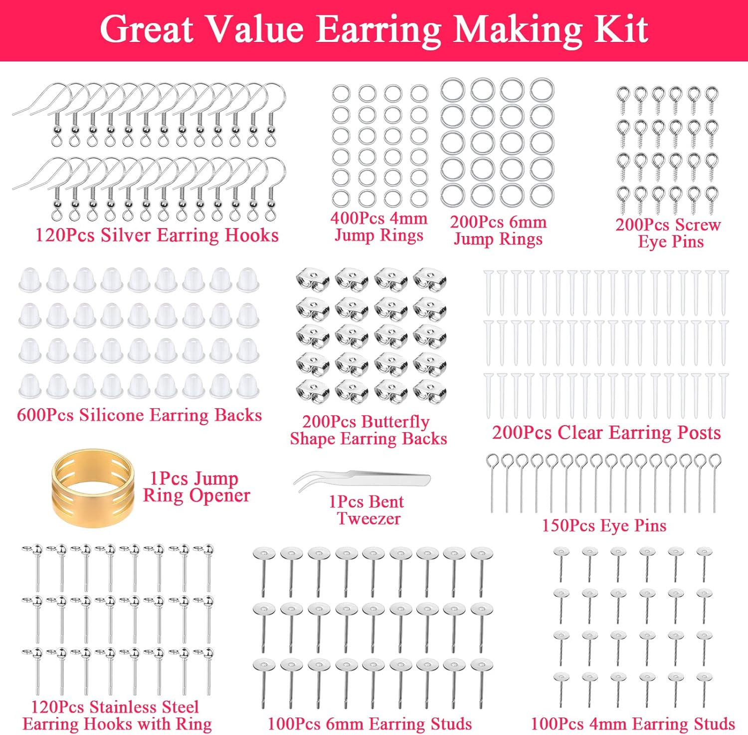Earring Making Kit - 2393 Pcs Hypoallergenic Earring Hooks, Posts, Backs, Studs