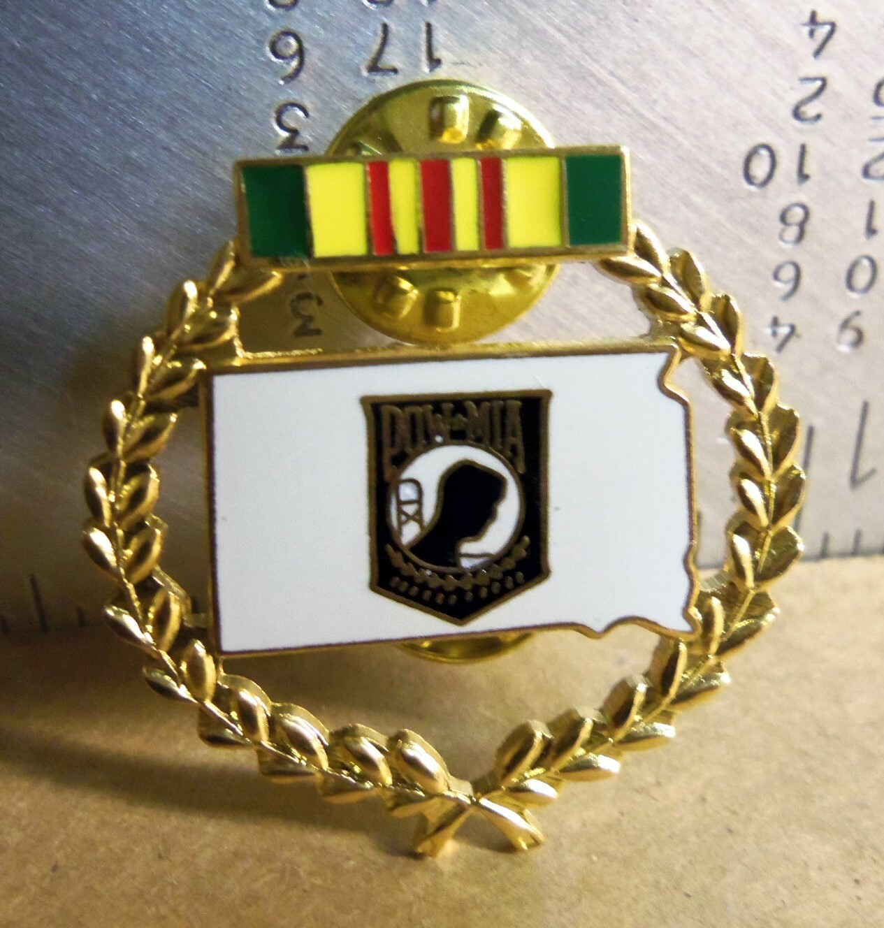 South Dakota POW*MIA Vietnam Pin with Vietnam Service Ribbon & Wreath