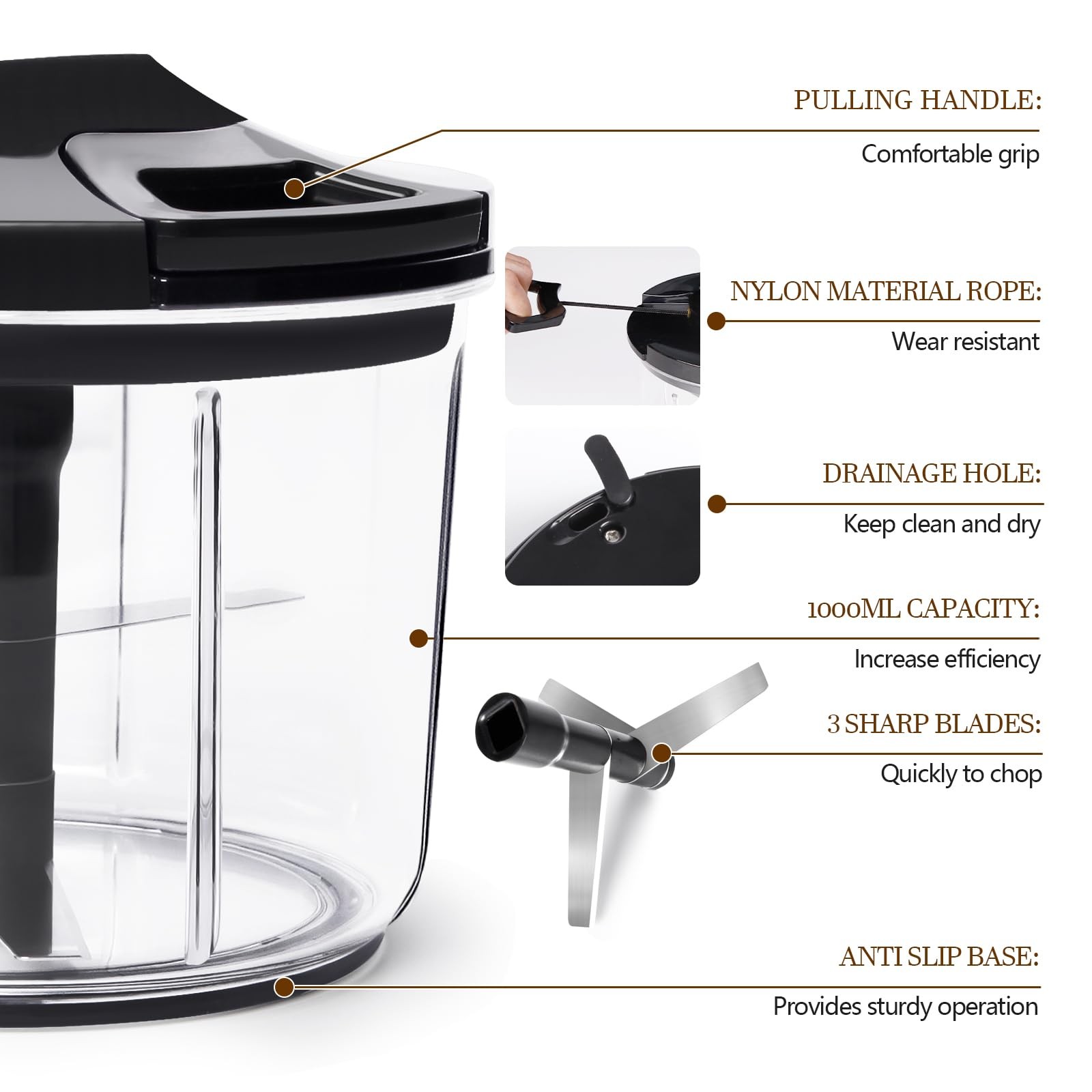 Manual Food Processor Large Vegetable Chopper, 1000ML Pull String Chopper Gar...