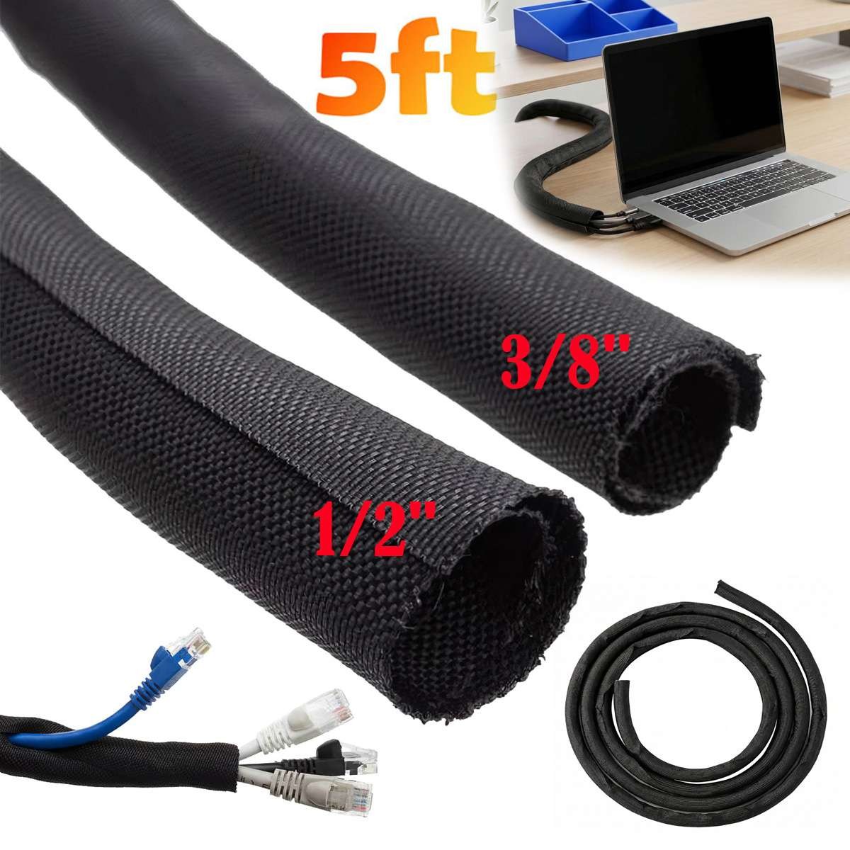 Split Braided Cable Sleeve Nylon Self Wrap Wire Loom Cord Management Protector