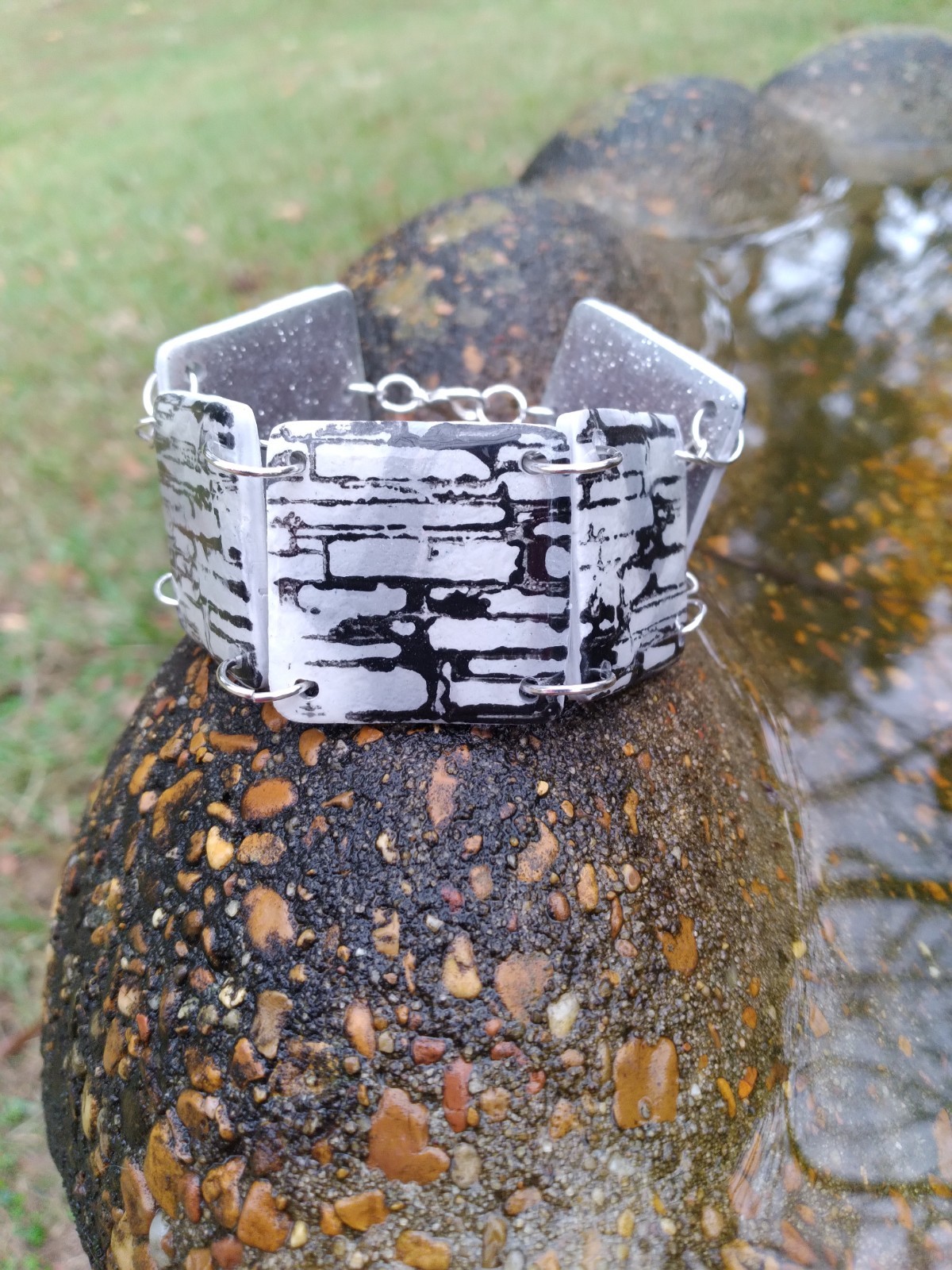 Handcrafted Reversible Polymer Clay Resin Silver Bracelet Black Gray White