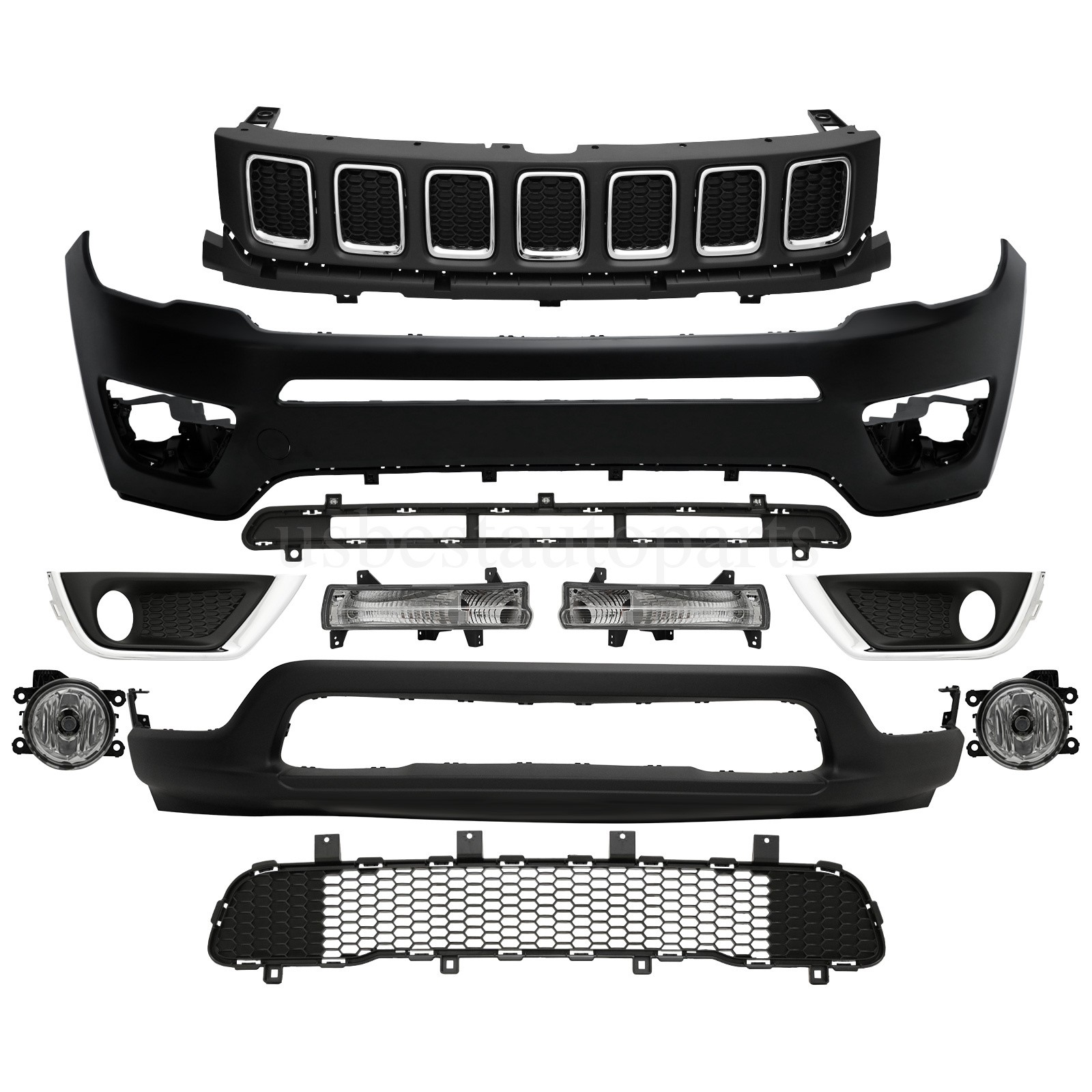 Front Bumper For Jeep Compass 2017 2018 2019 2020 2021 Upper Lower Grille Fog