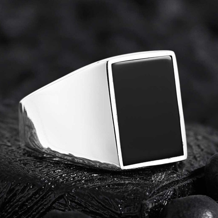 Genuine Baguette Black Onyx Men's Ring Handmade Signet Ring Silver Ring For Him