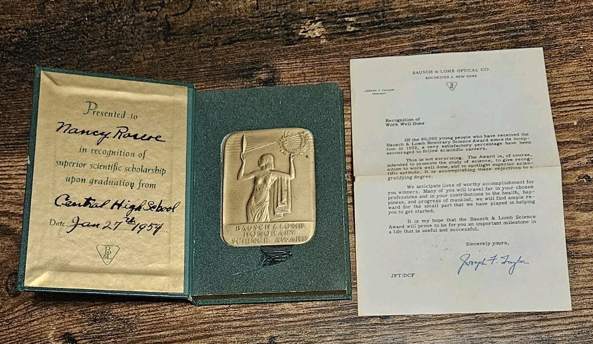 1954 Bausch & Lomb Honorary Science Award Bronze W/ Letter & Case