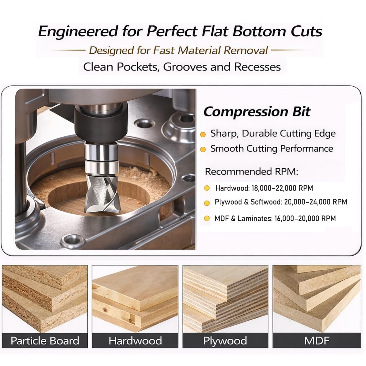 Solid Carbide Compression Flush Trim Router Bit 1/4 Shank, 2+2 Flute, 1/2" Di...
