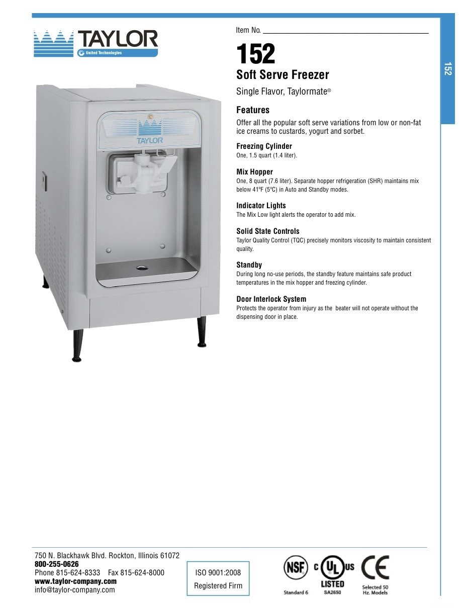 2016 Taylor 152 Soft Serve Ice Cream Machine Counter Top