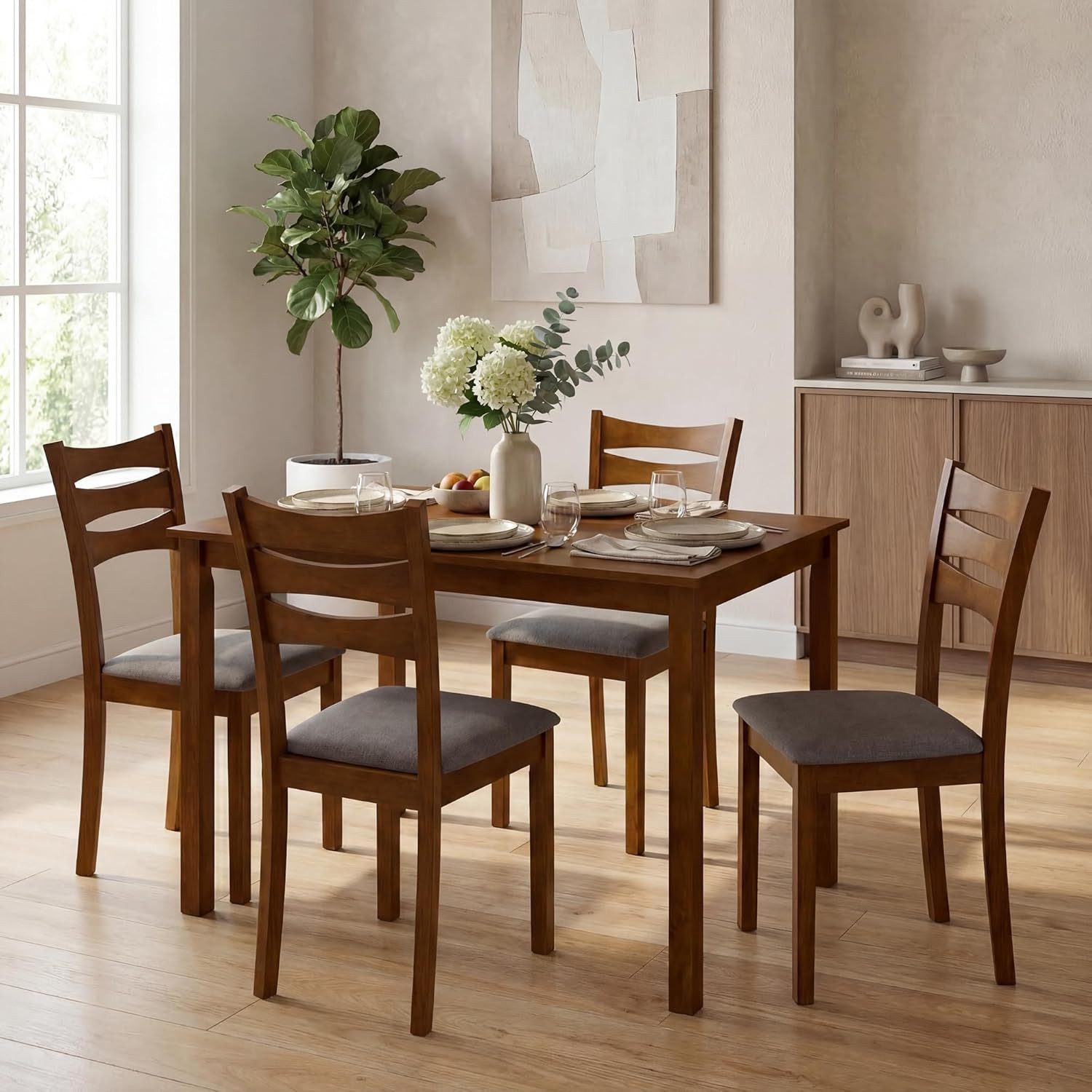 5-Piece Dining Table Set for 4, Kitchen Table W/Upholstered Chairs | Rectangular