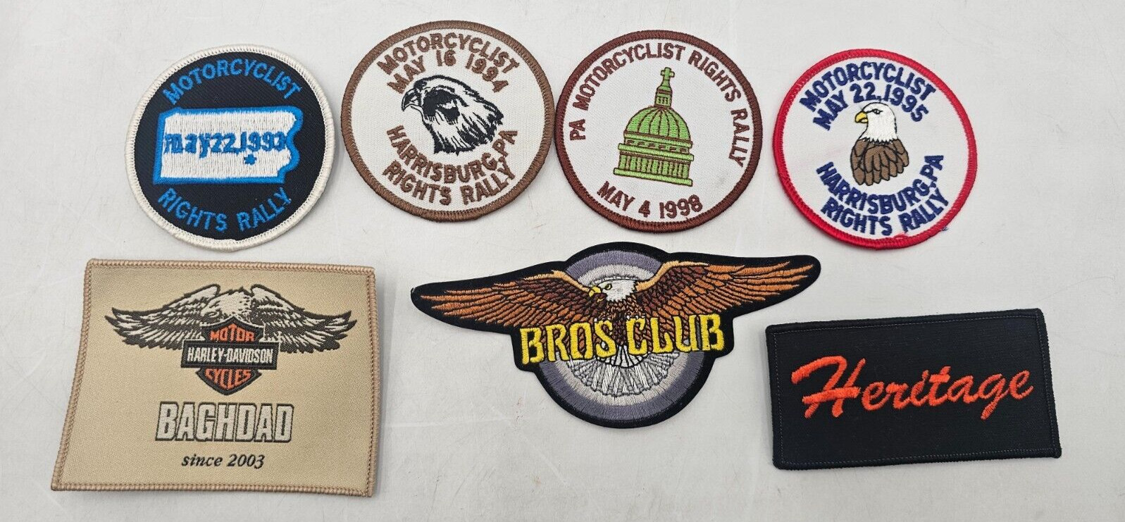LOT OF 7 Vintage 90s Patches - RARE Motorcycle RALLY, Harley Davidson, Bros Club