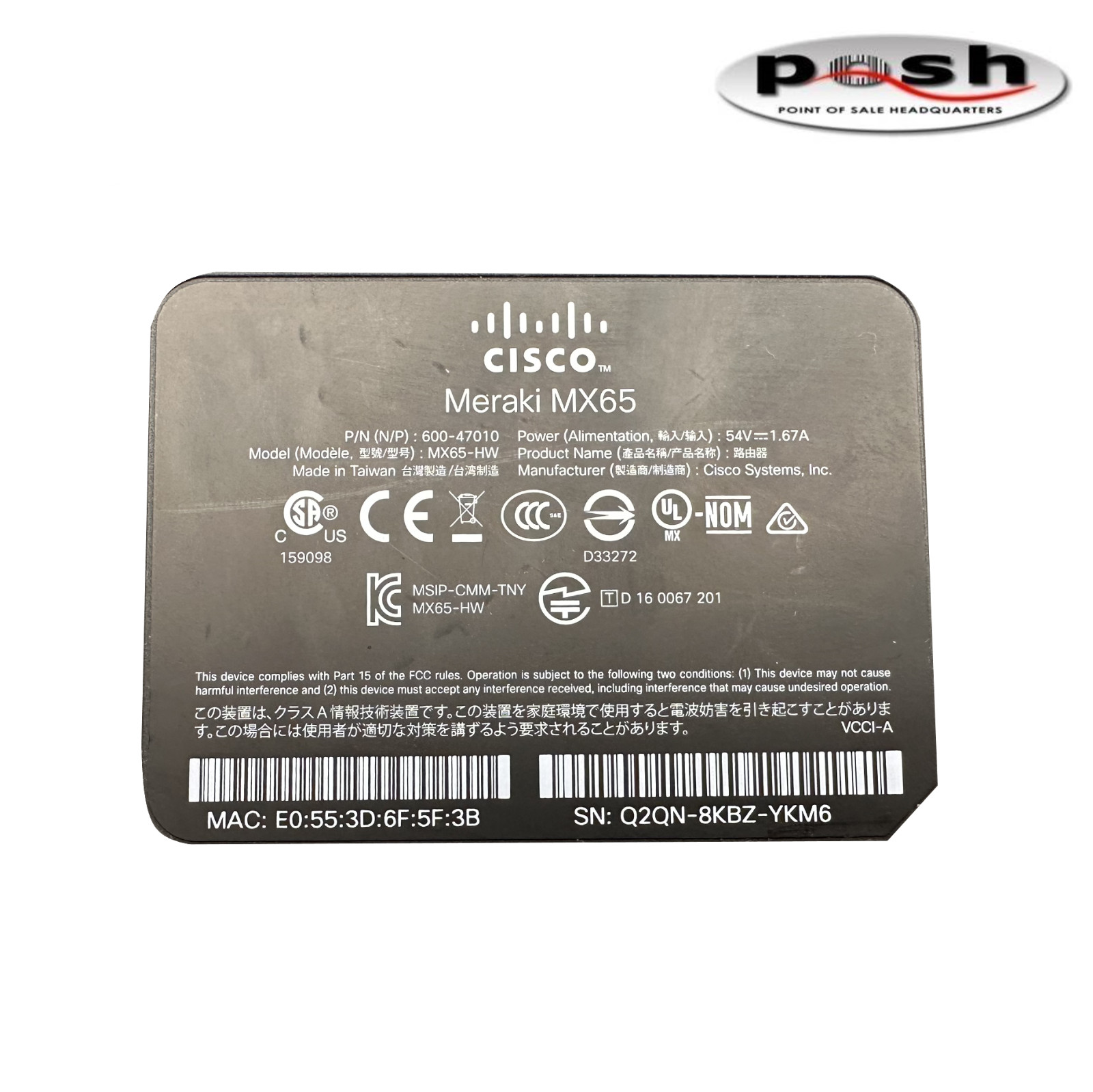 Cisco Meraki MX65-HW Firewall Router w/ Power Adapter & Cables