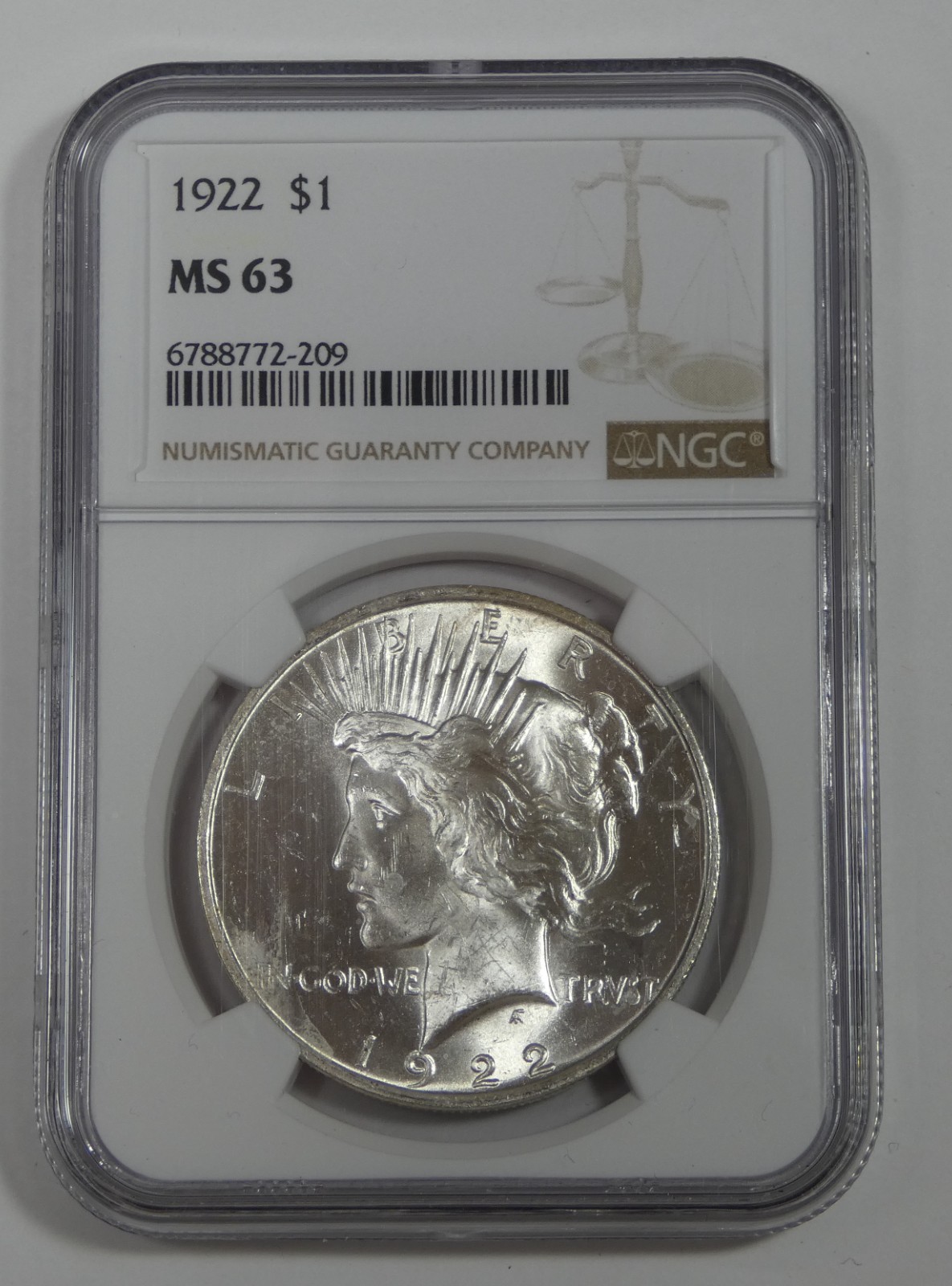 1922 Peace Dollar CERTIFIED NGC MS 63 Silver Dollar