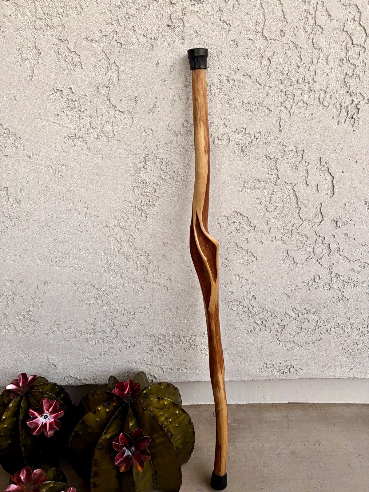Vintage Handmade Hand-Carved Wood Walking Cane w/ Rubber Tips 38"