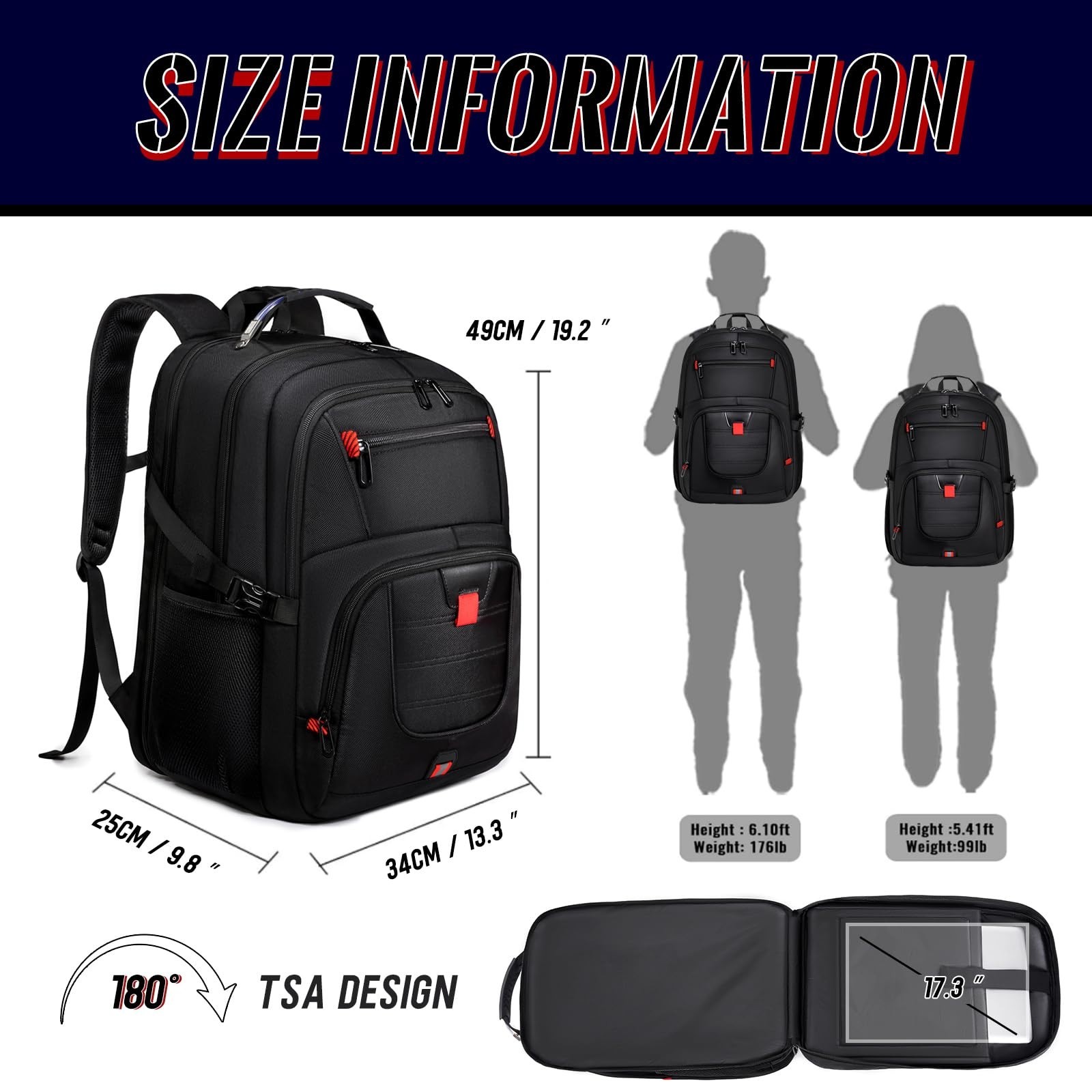 Extra Large TSA Friendly Travel Laptop Backpack for Men, Fits 17" Computer, Blac
