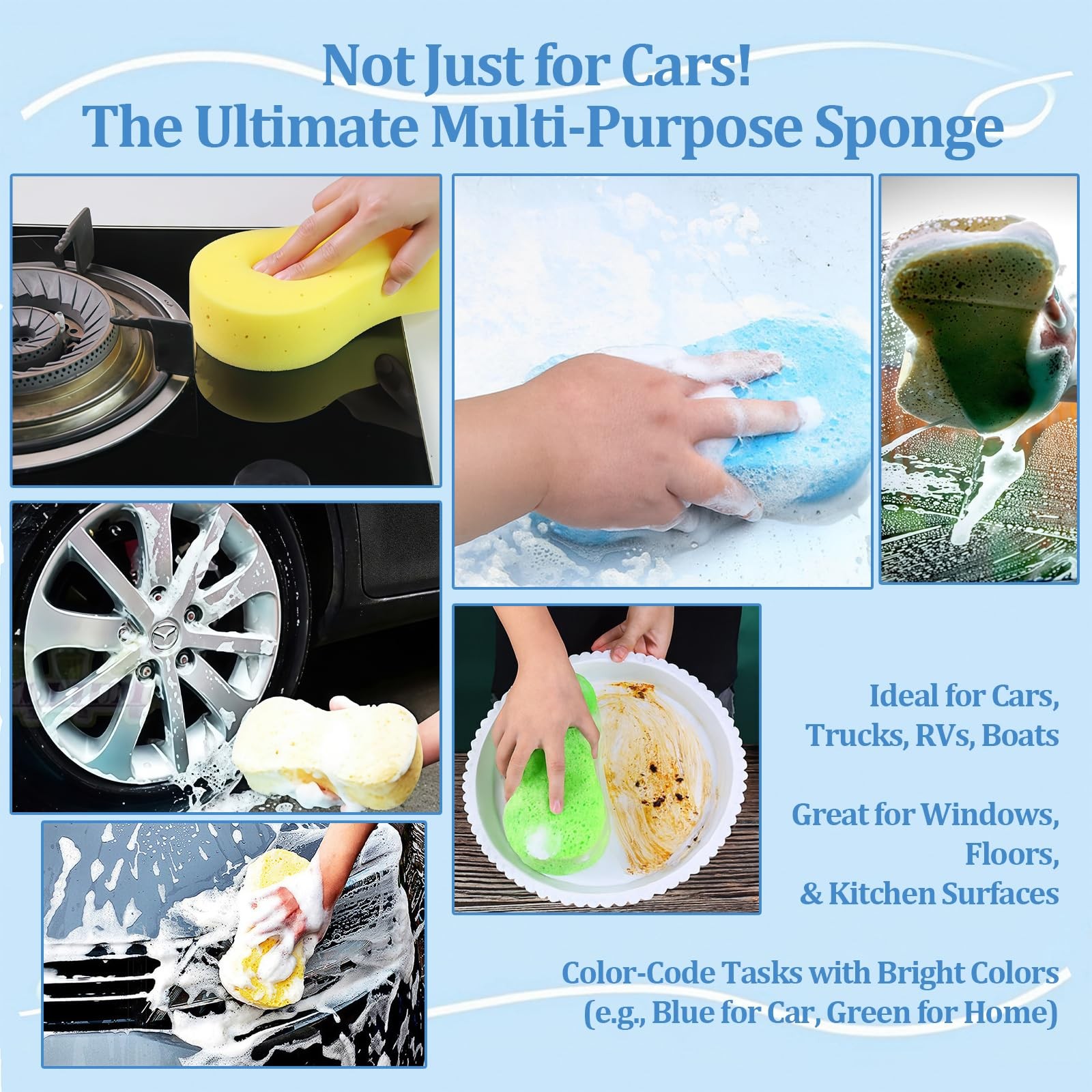10 Pack Large Car Wash Sponges Non-Scratch Sponges for Auto, Truck, RV, Boat ...