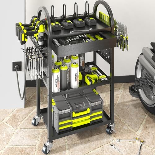Power Tool Cart with Charging Station, Rolling Black-with Drawer and Power