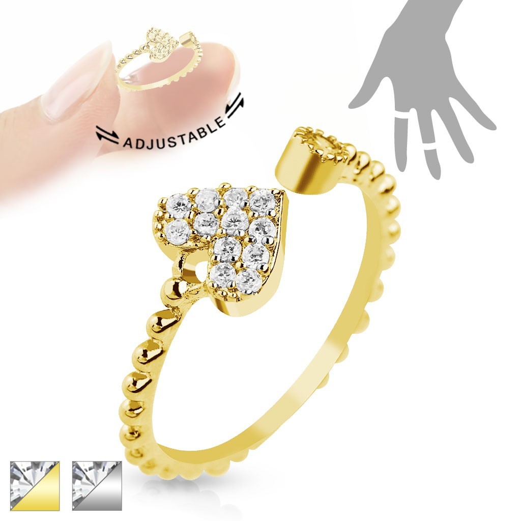 Heart Multi-Pave Gems Adjustable Rhodium Plated Brass Mid-Ring/Toe-Ring