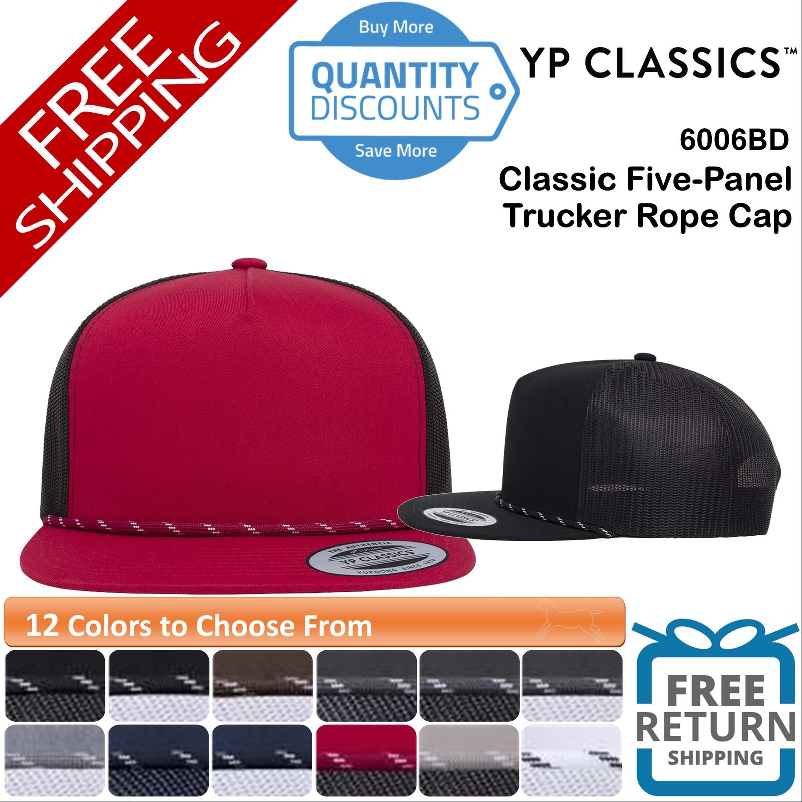 🔥 YP Classics Blank Classic Five-Panel Trucker Rope Cap Hat Flat bill 6006BD