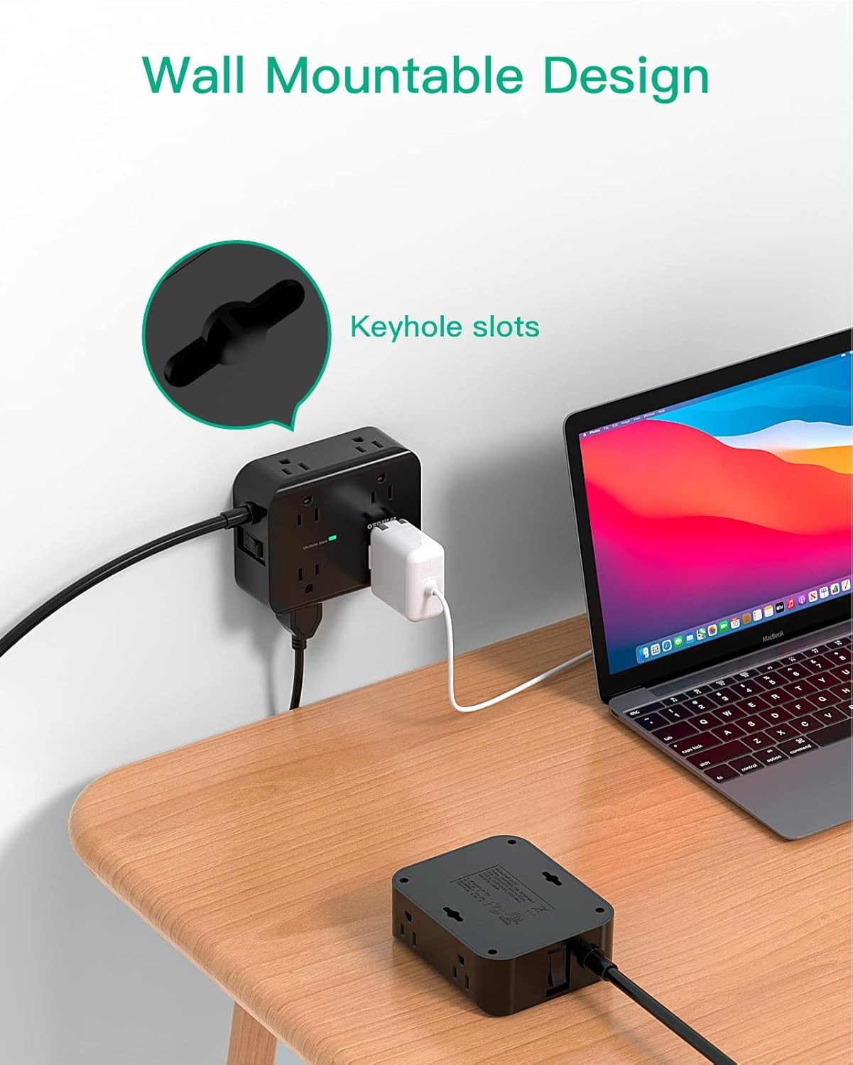 Power Strip Surge Protector - Flat Plug, Wall Mount, 8 Wide Outlets with 4 USB P