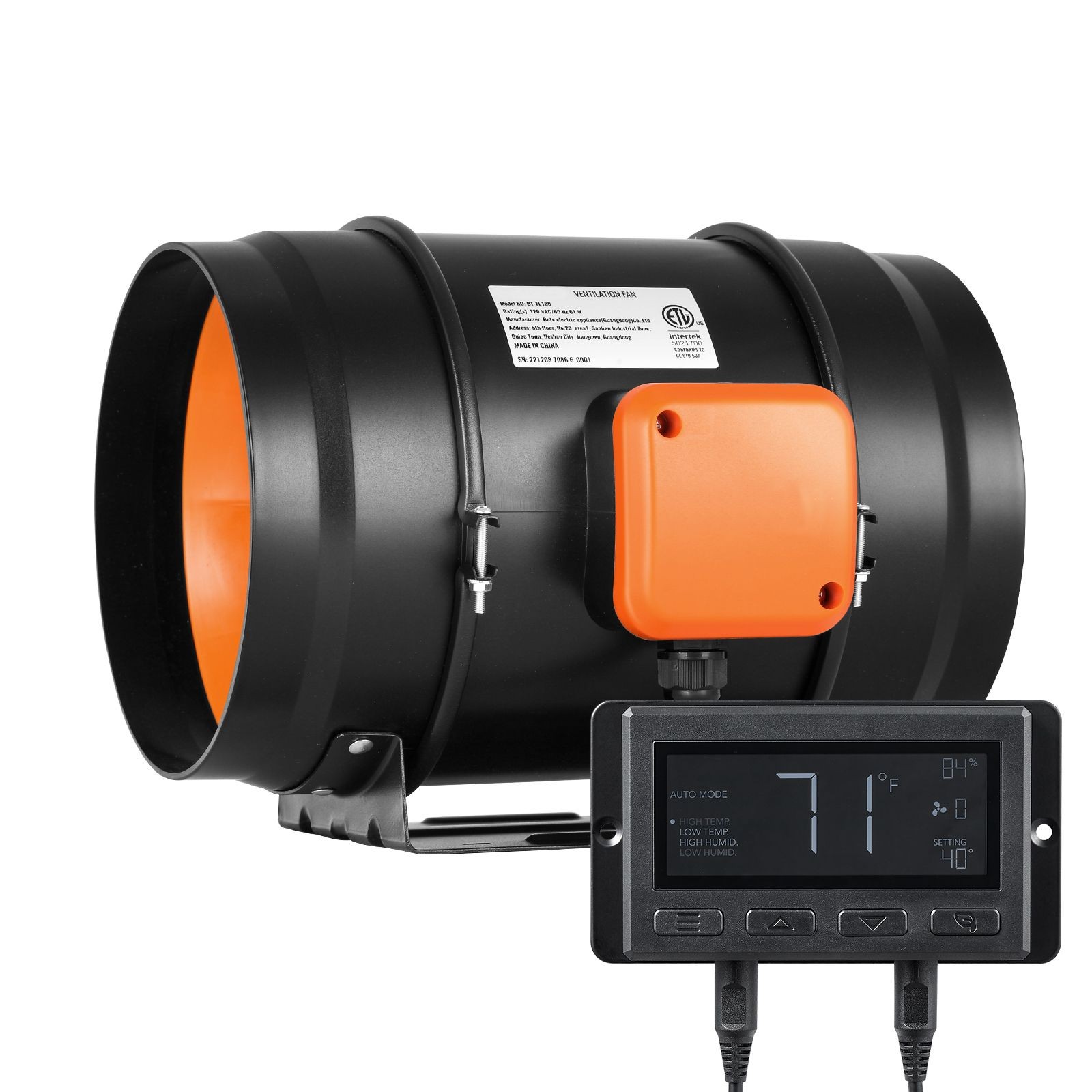 8in 807CFM Inline Duct Fan w Temp Humidity Controller, Quiet EC Motor