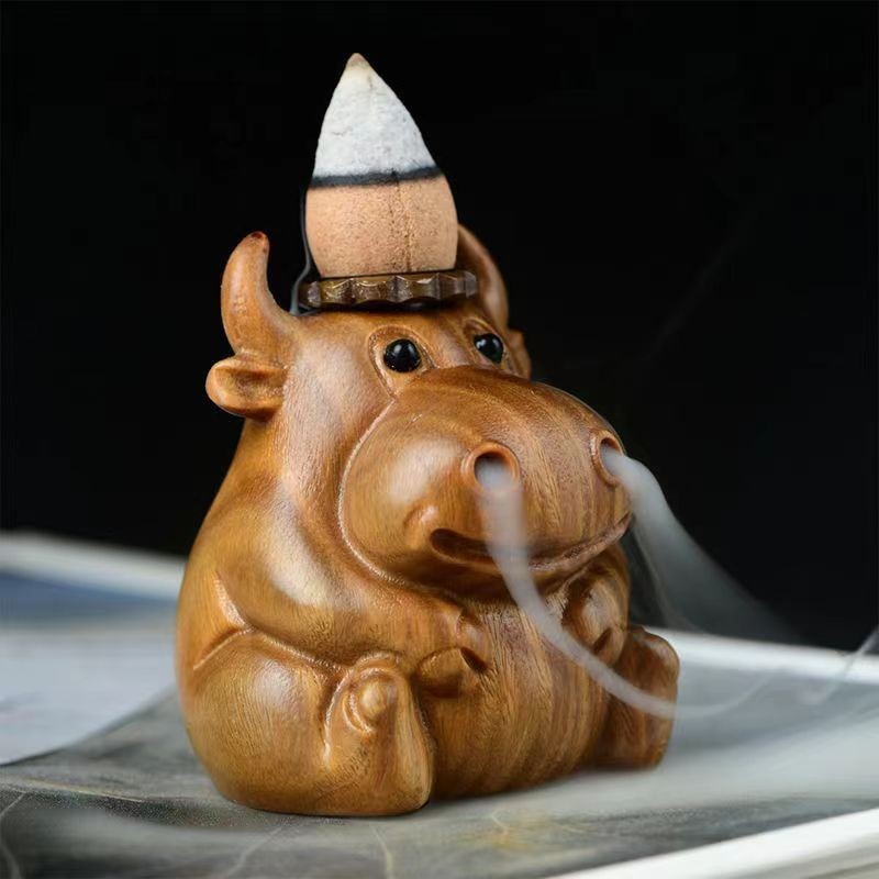 Sandalwood Carved Ox Backflow Incense Burner Wooden Desktop Decor Statue