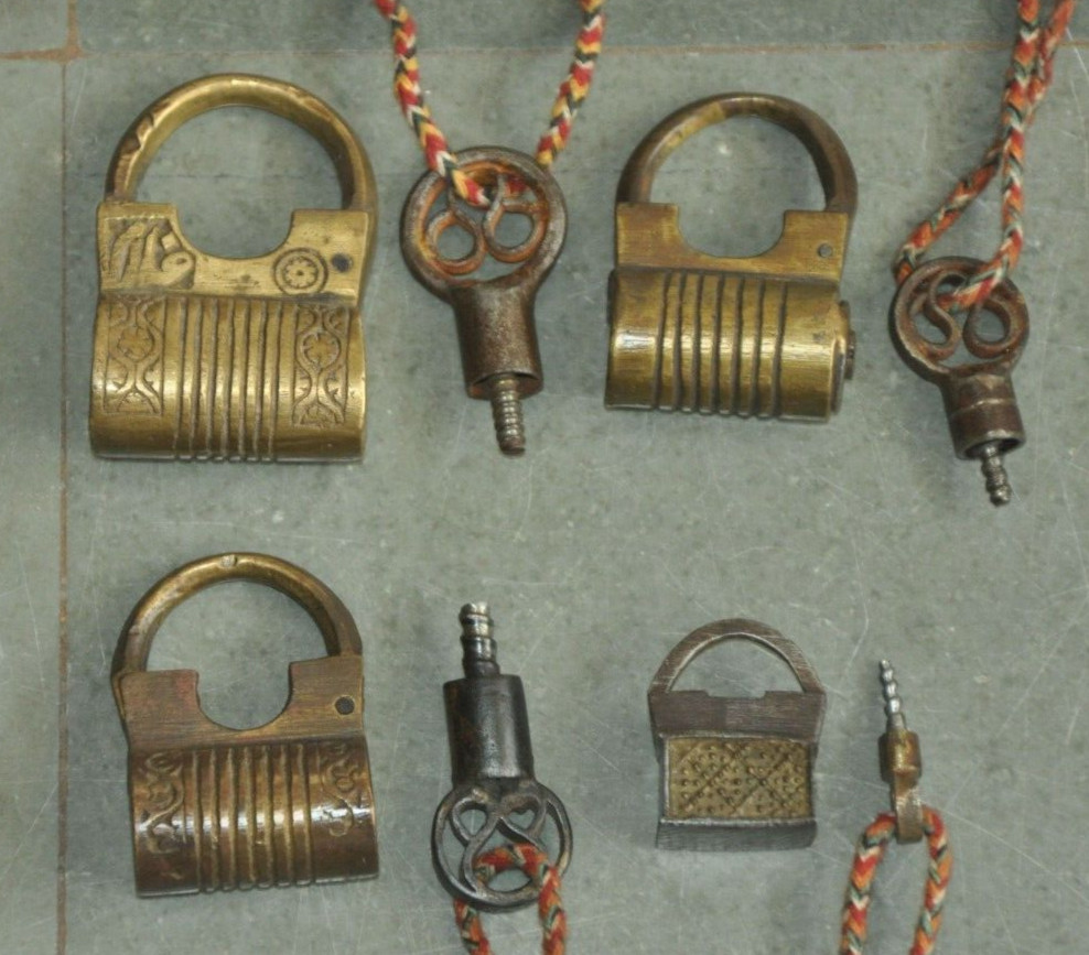 4 Pc Vintage Brass & Iron Handcrafted Different Small Unique Screw Padlocks
