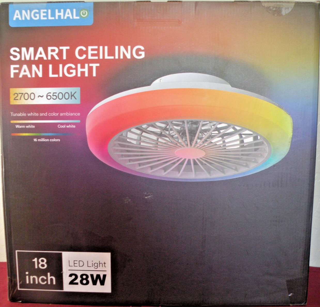ANGELHALO 18" White Smart Ceiling Fan with LED Light, RGBWW Sealed