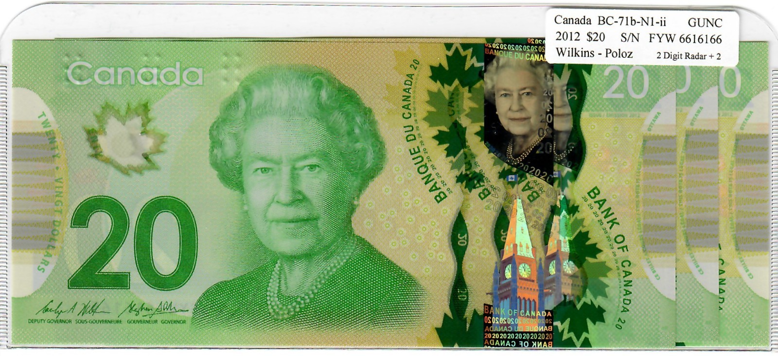 2012 Canada $20; Twenty Dollar; Wilkins / Poloz; FYW 6616166; BC-71b-N1-ii; UNC
