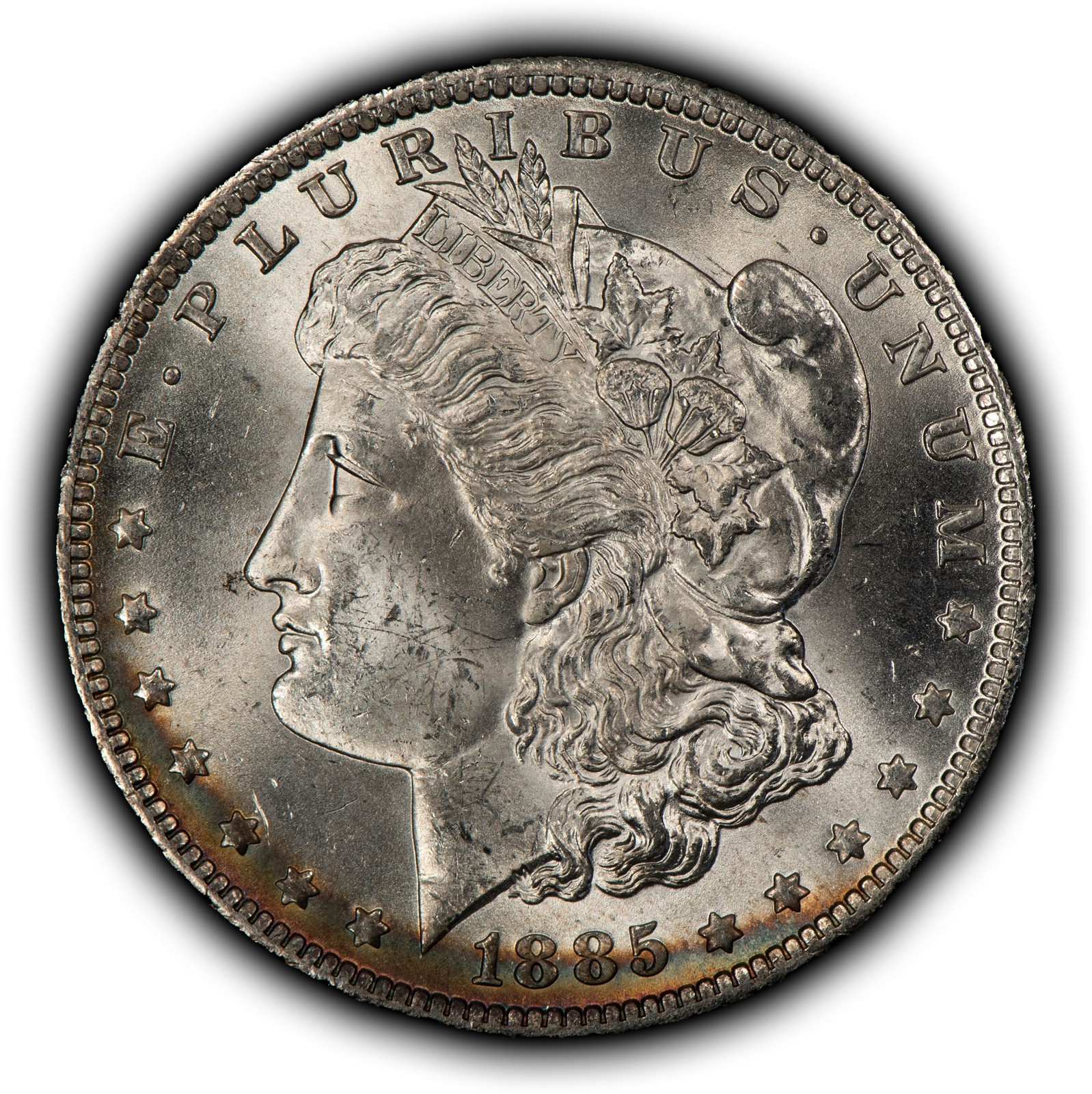 1885-O $1 Morgan Silver Dollar - PQ Rainbow Crescent Toning - BU - SKU-D7639