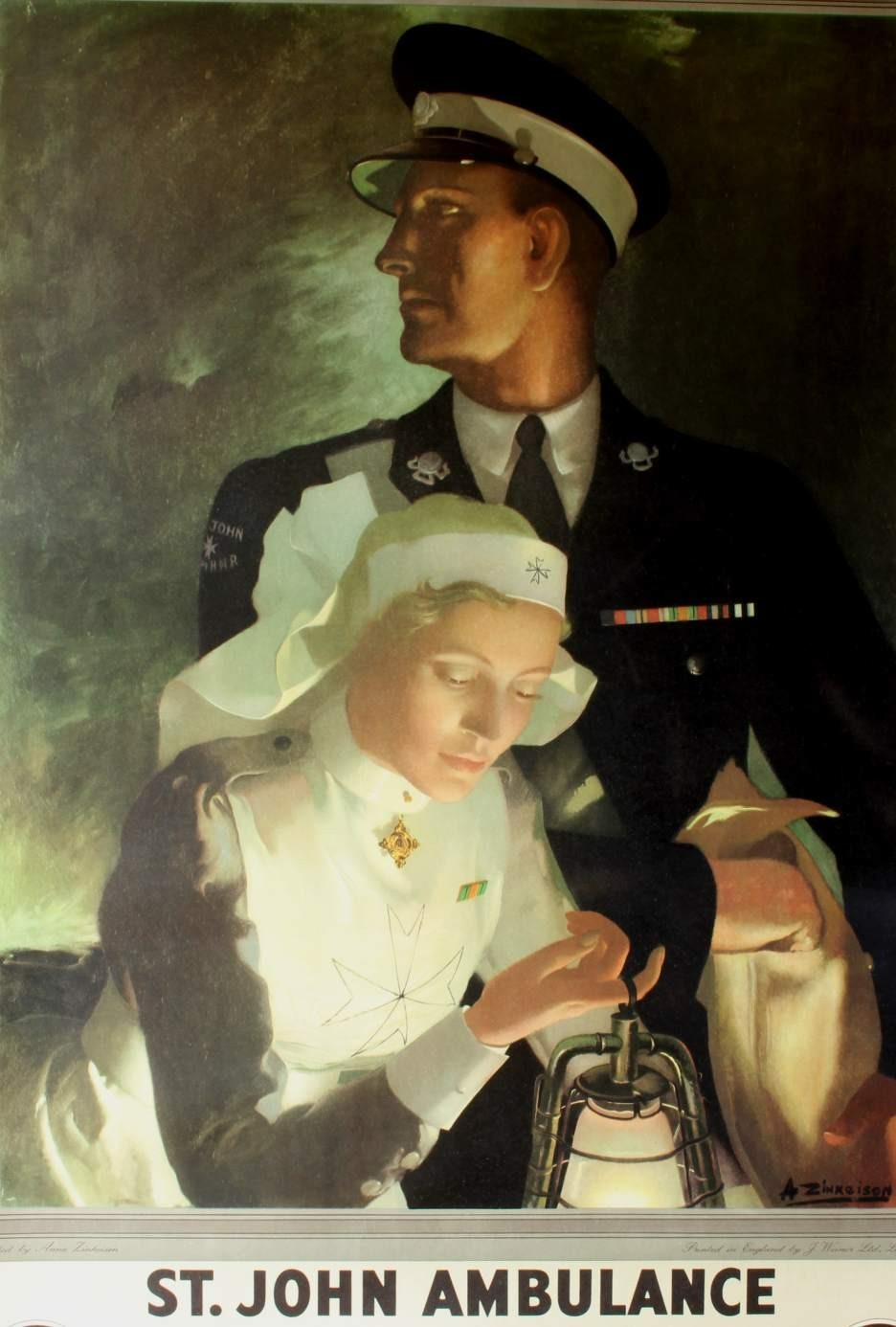 St John Ambulance Lithograph Poster. Original Anna Zinkeisen Officer & Nurse