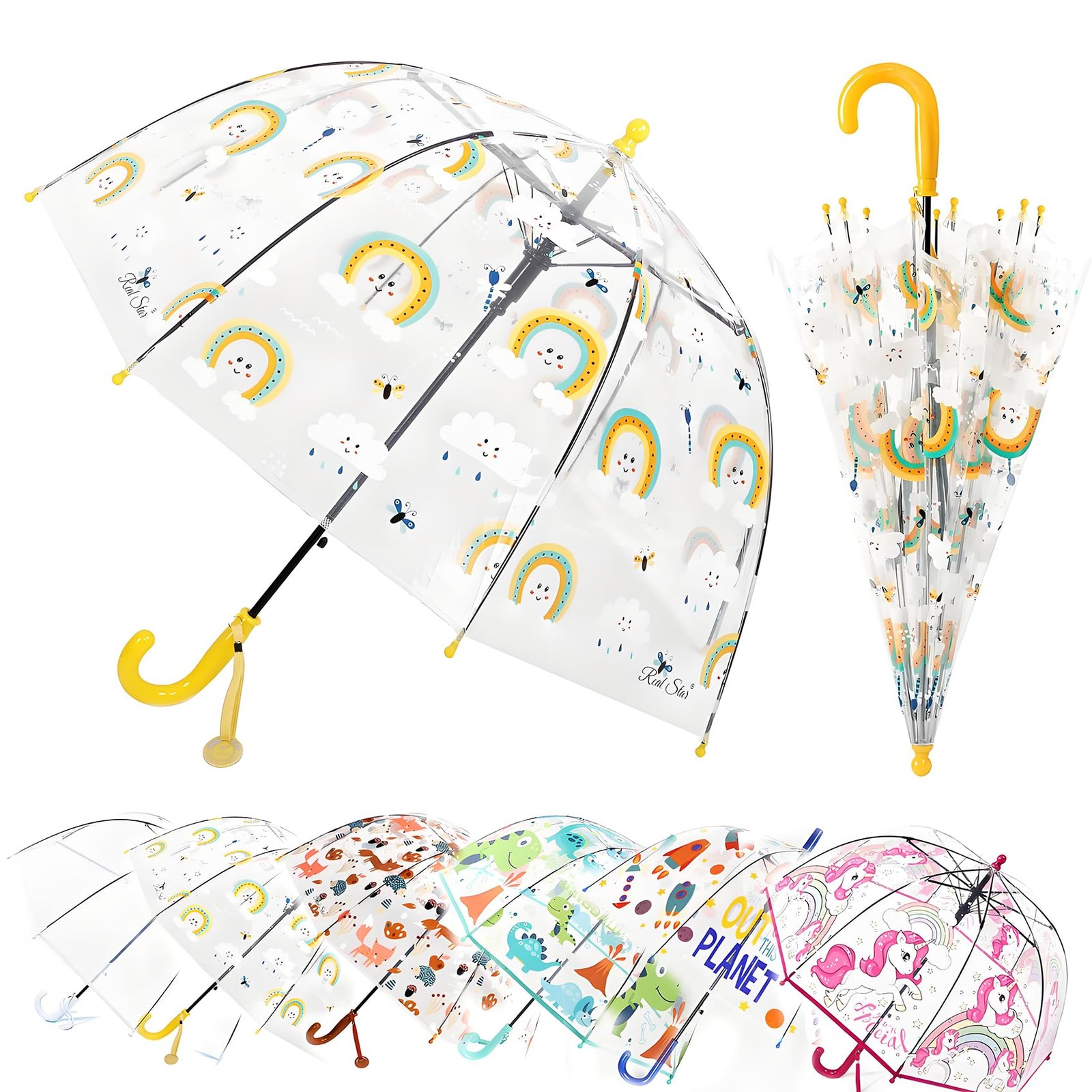 Kids Rainbow Clear Bubble Umbrella, Toddler Grip Curved Handle Stick Rain Umb...