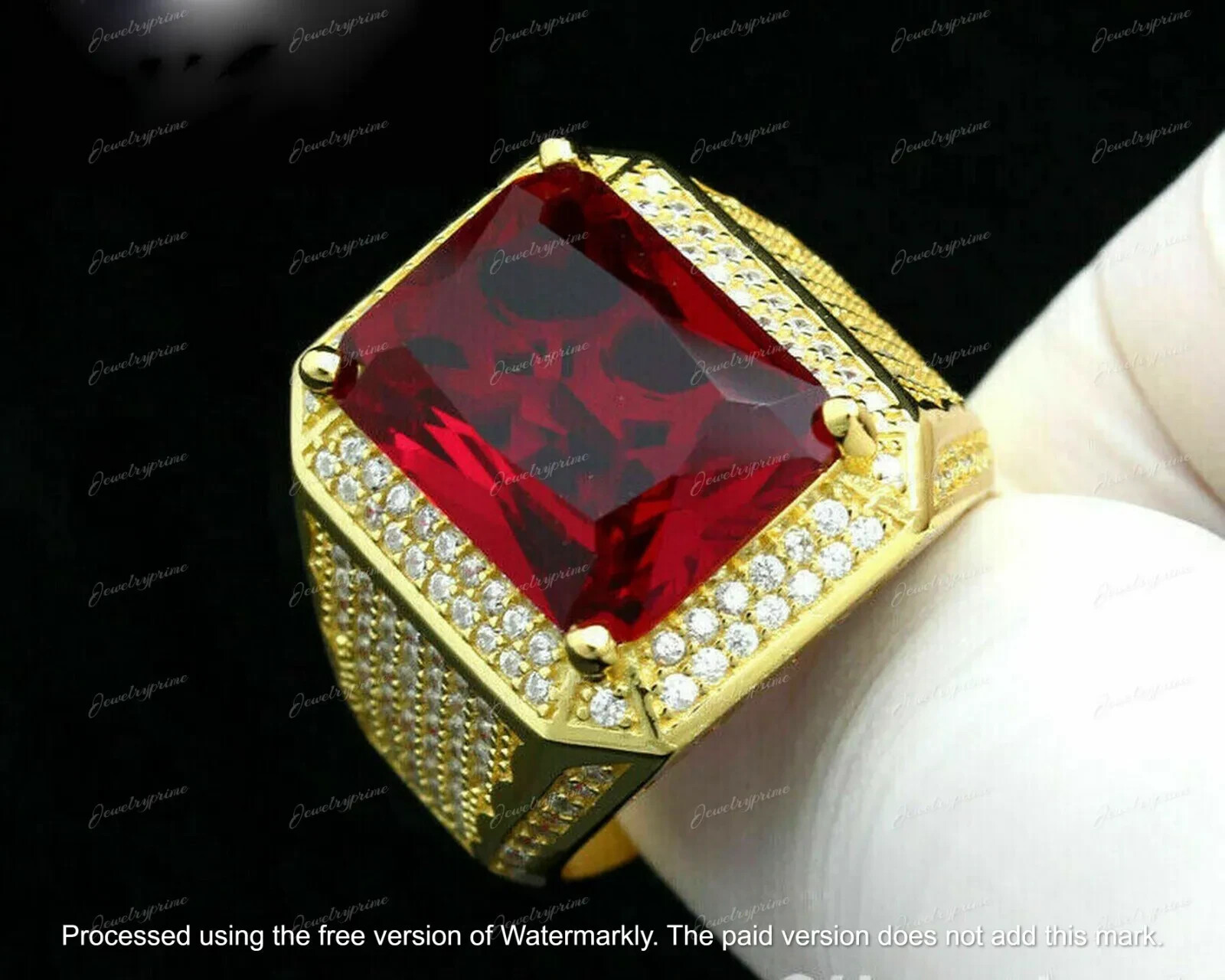14k Yellow Gold Over 3.50 Ct Emerald Lab-Created Red Ruby Men's Engagement Ring