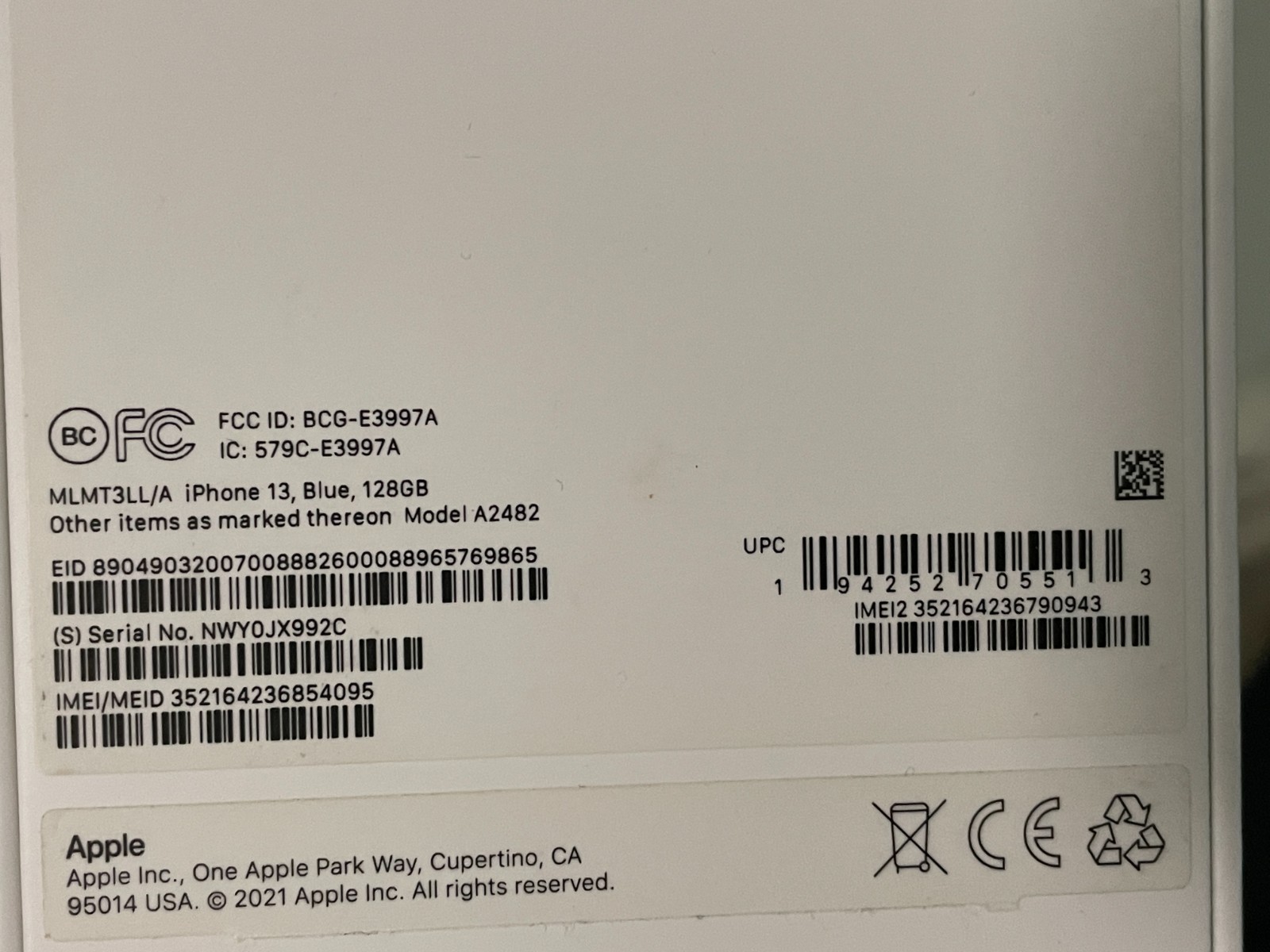 *Empty Box ONLY* Apple iPhone 13 Blue 128 GB