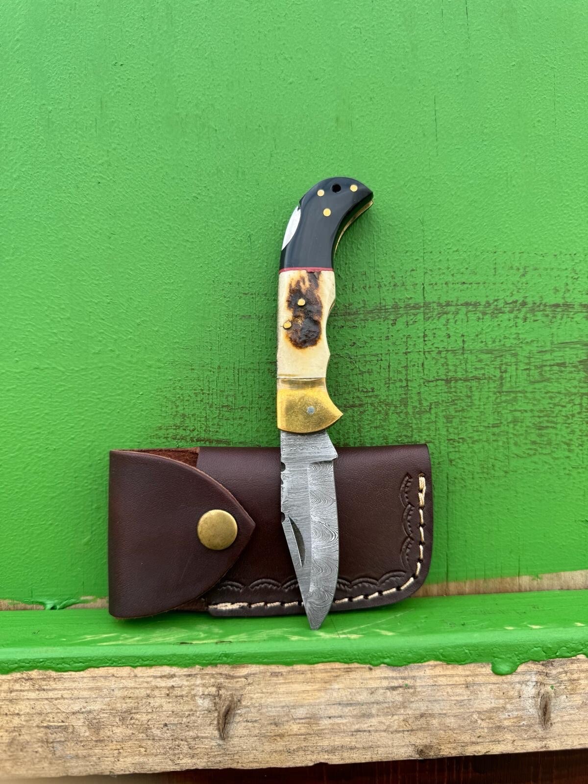 Handmade Damascus Knives Folding Blade Pocket Knife Deer Stag & Bull Horn Handle