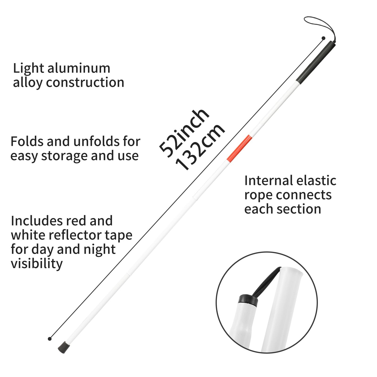 Folding Blind Cane Reflective Red Walking Stick for Vision 52 inch