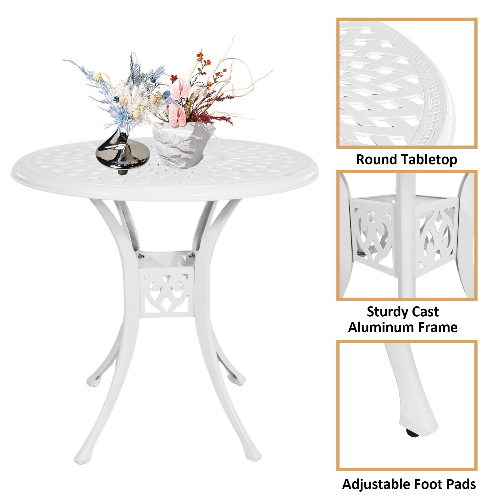 30 in Patio Table with Umbrella Hole Round Outdoor Table White Bistro Table