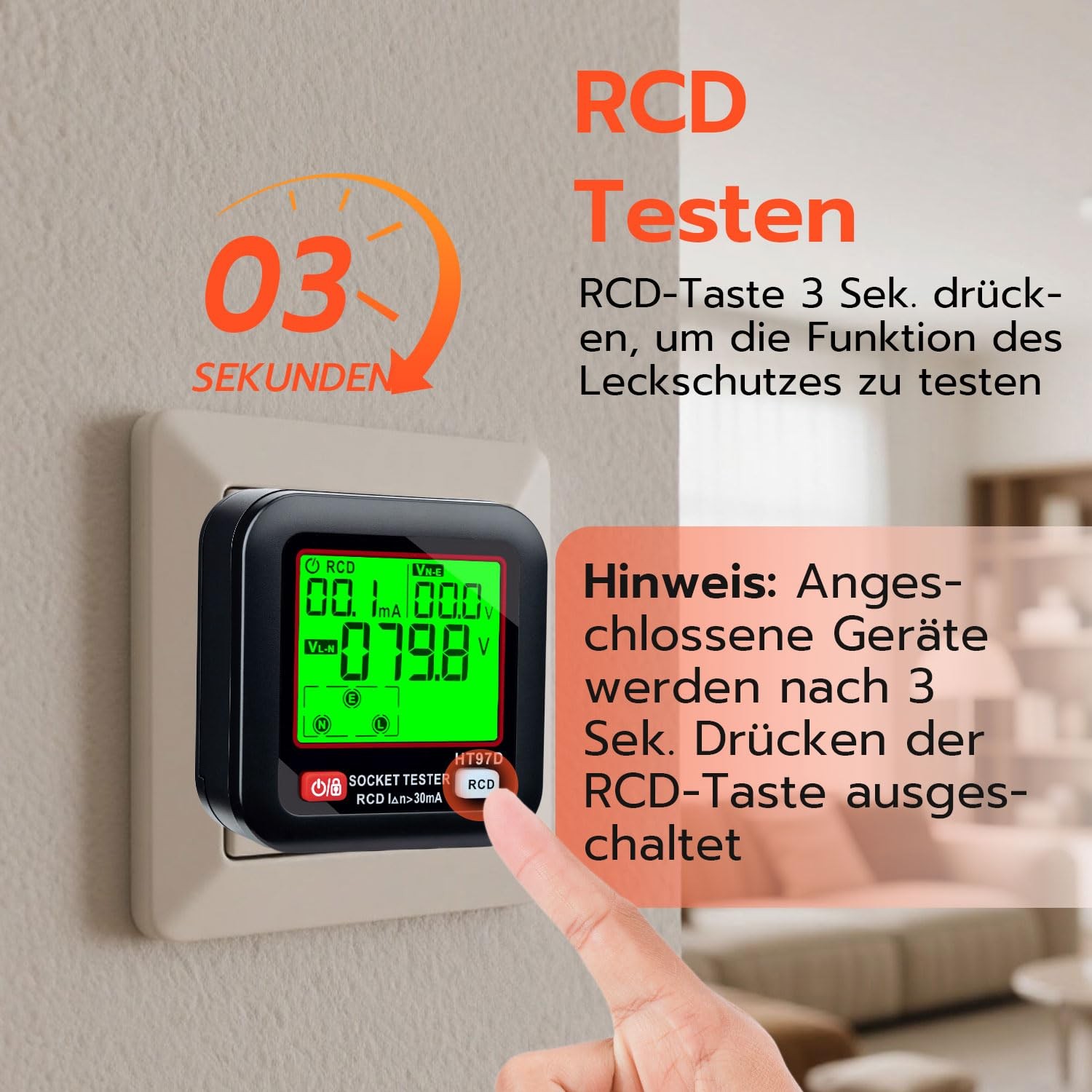 Socket Tester, Socket Tester with RCD Test and LCD Voltage Display, 6 Ar...