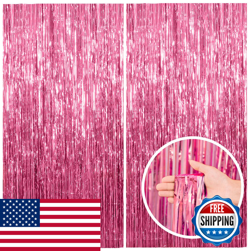 Bomsi 2 Pack Pink Backdrop Party Decorations Tinsel Curtain Party Backdrop Foil