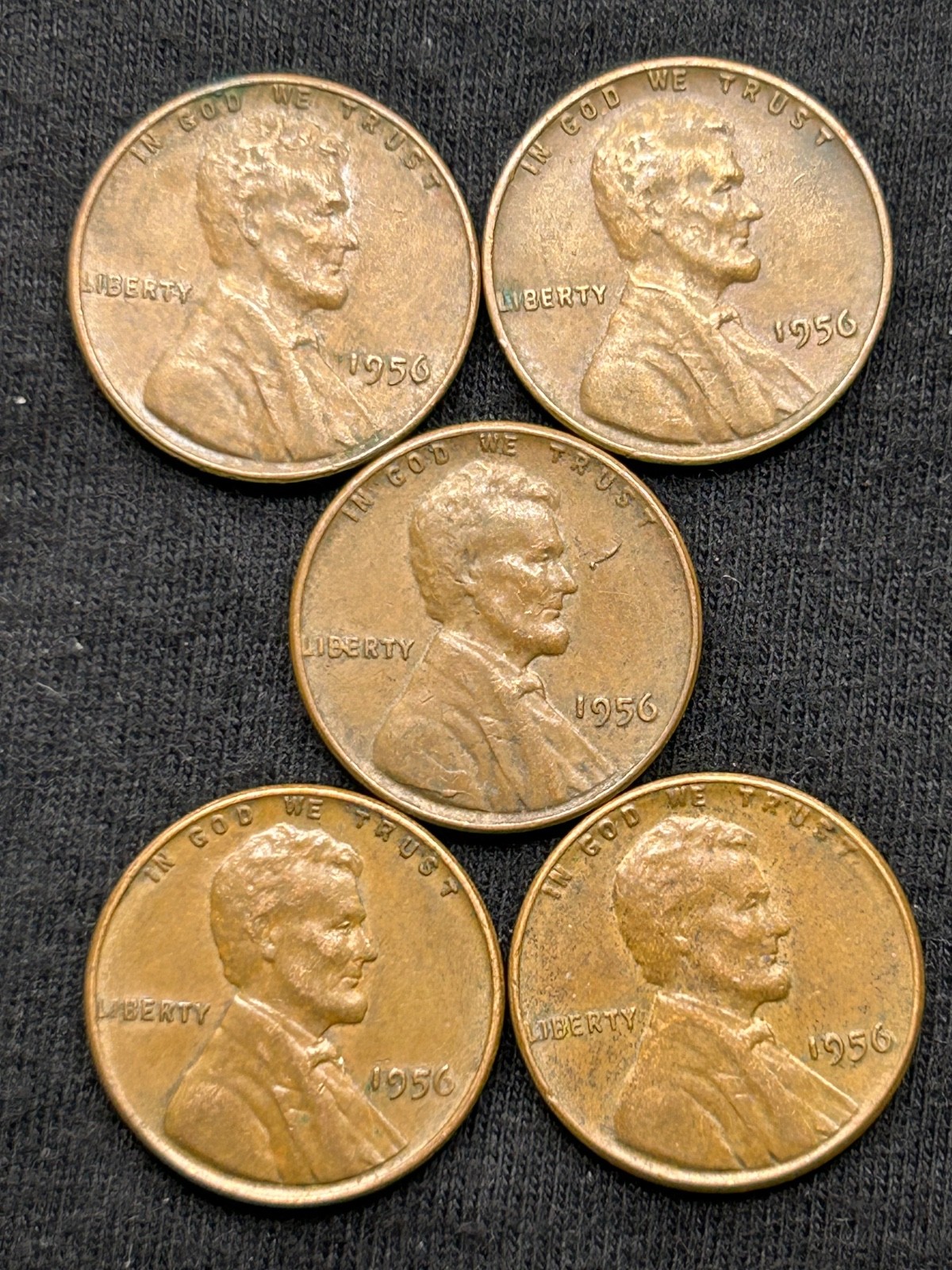 1956 P LINCOLN CENTS, 5 COIN LOT