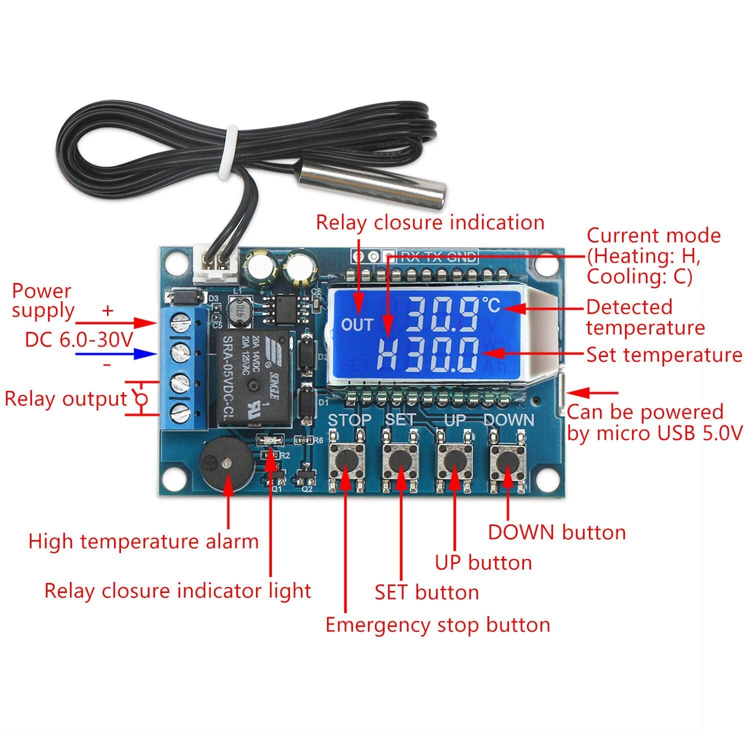 Electronic Thermostat Temperature Controller High Accuracy LCD Display DC6-30V