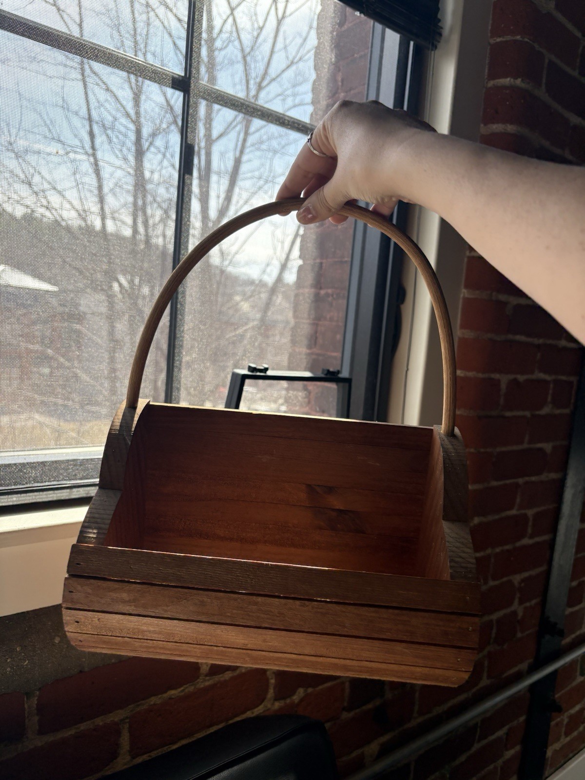 Vintage Wooden hanging wall basket. Heart-Shaped Basket with Handle