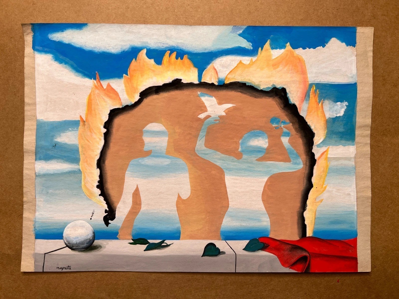 Rene Magritte (Handmade) Drawing On old Paper Signed & Stamped Mixed Media