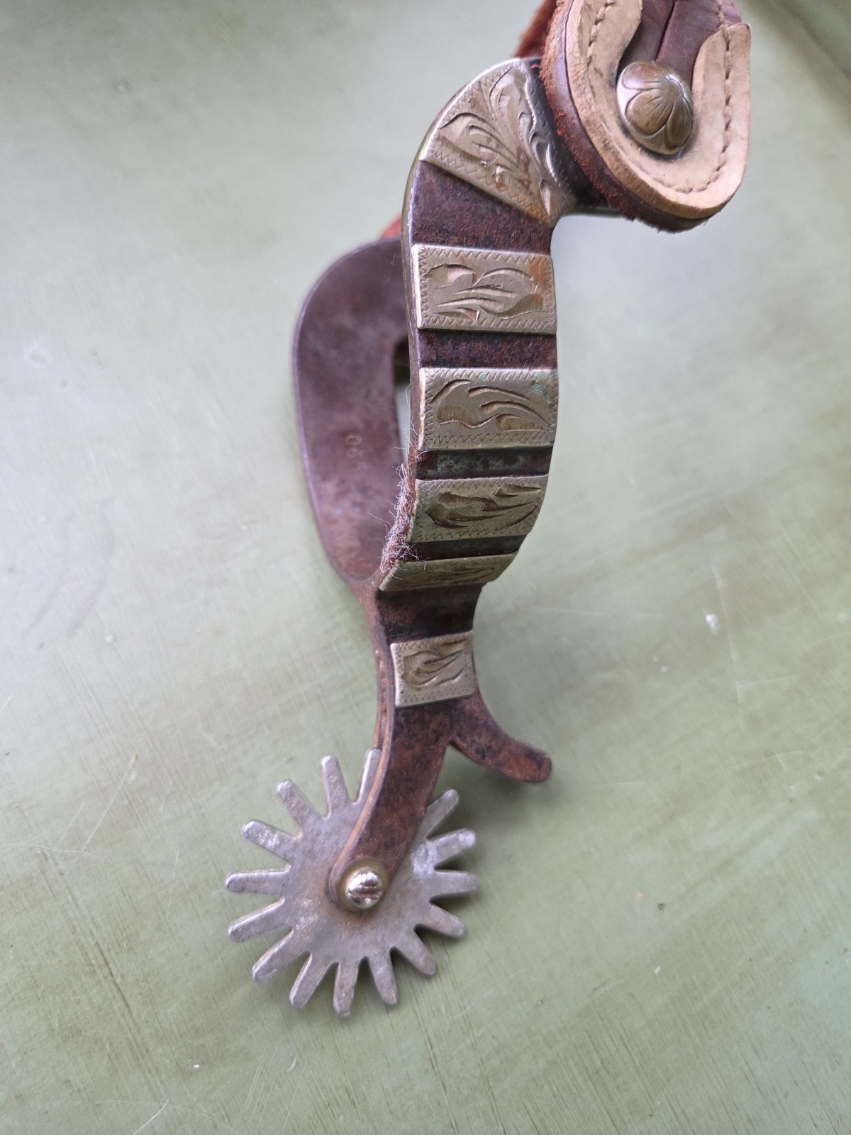 Vintage Western Horse Spur Rowel w/ Tooled Leather Strap, MPN 065