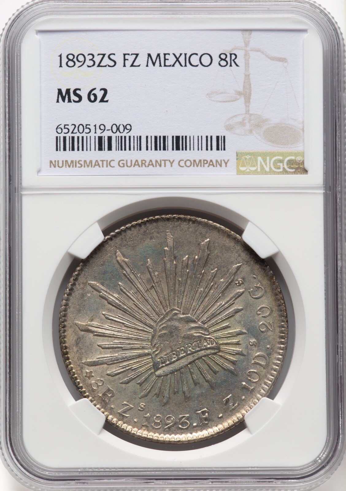 MEXICO ZACATECAS 1893-ZsFZ 8 REALES SILVER COIN NGC CERTIFIED UNCIRCULATED MS62