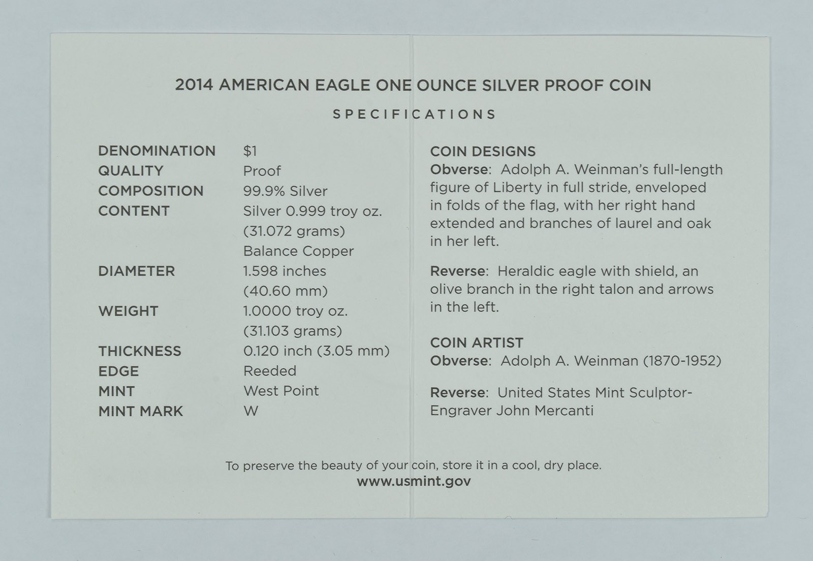 2014-W American Silver Eagle PROOF 1 Oz Silver - Coin & Box & COA