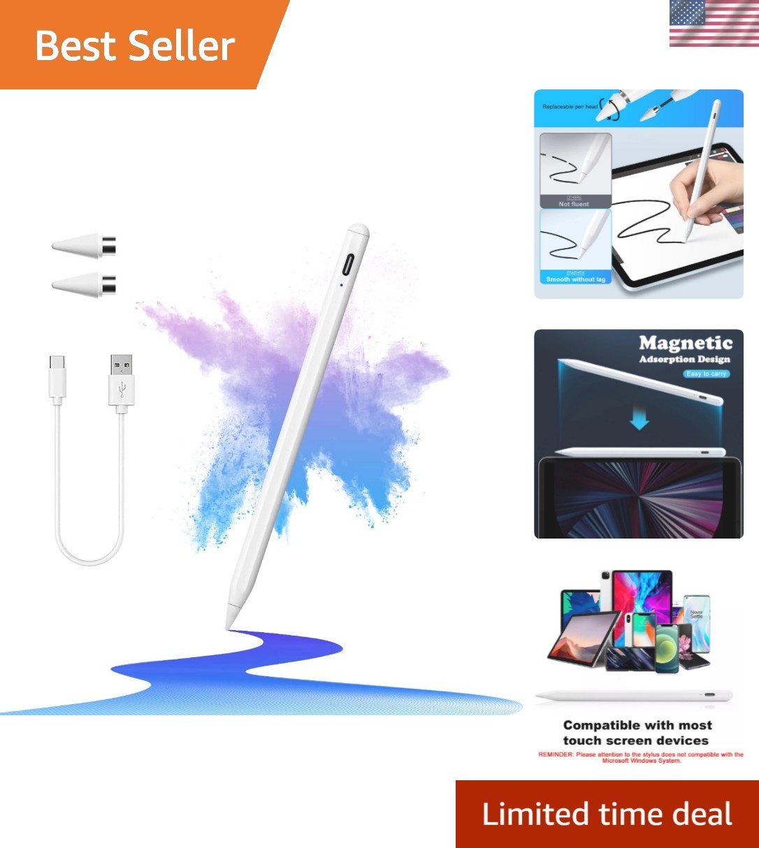 Universal Touch Screen Stylus Pen - Precise 1.2mm Tilt Technology, Rechargeable