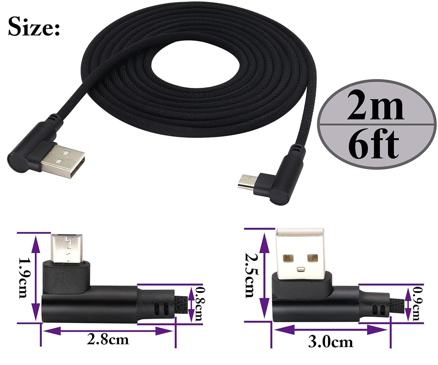 Double 90 Degree Right Angle Micro USB Charge Data Nylon Braided Cable 3/6/10FT