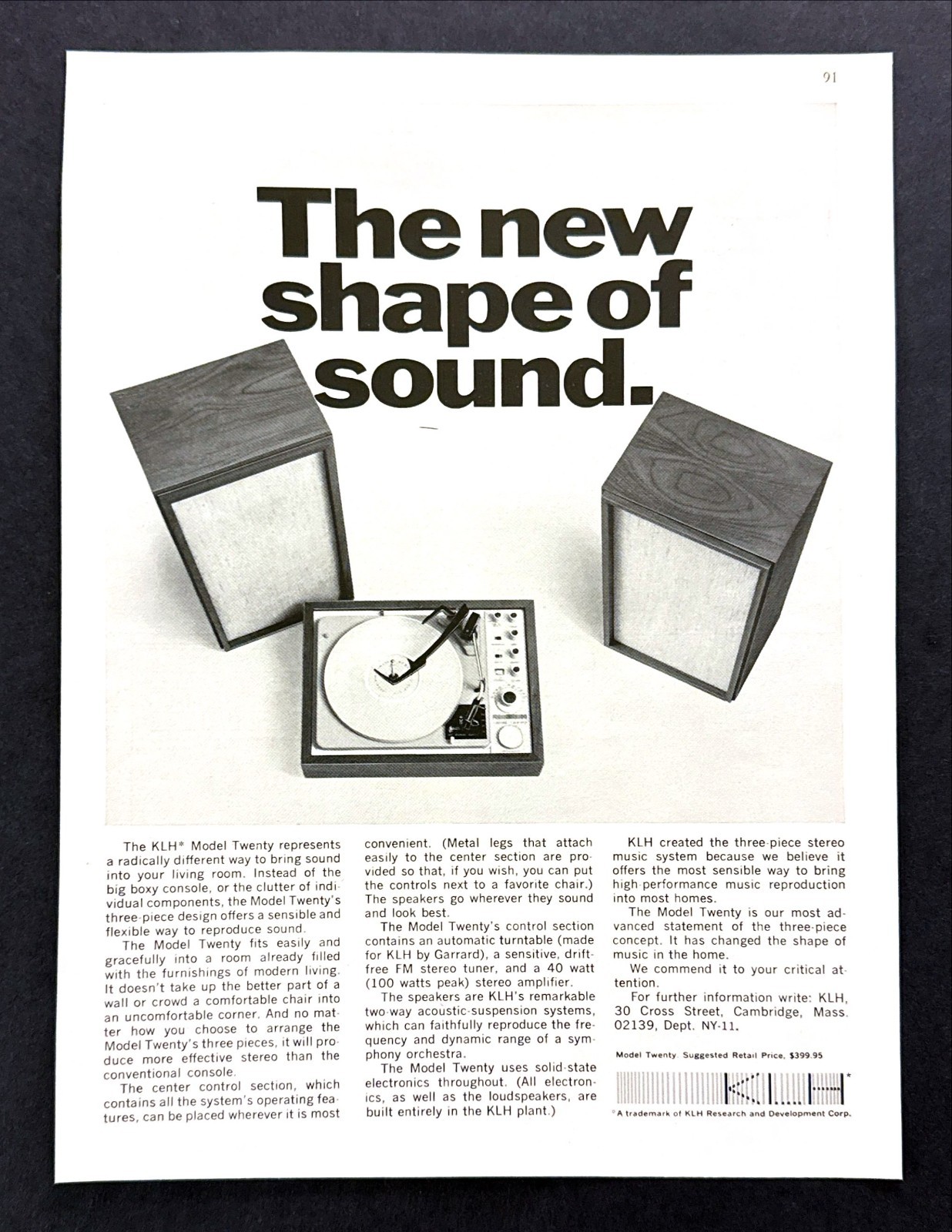 1967 KLH Model Twenty Stereo System photo "New Shape of Sound" vintage print ad