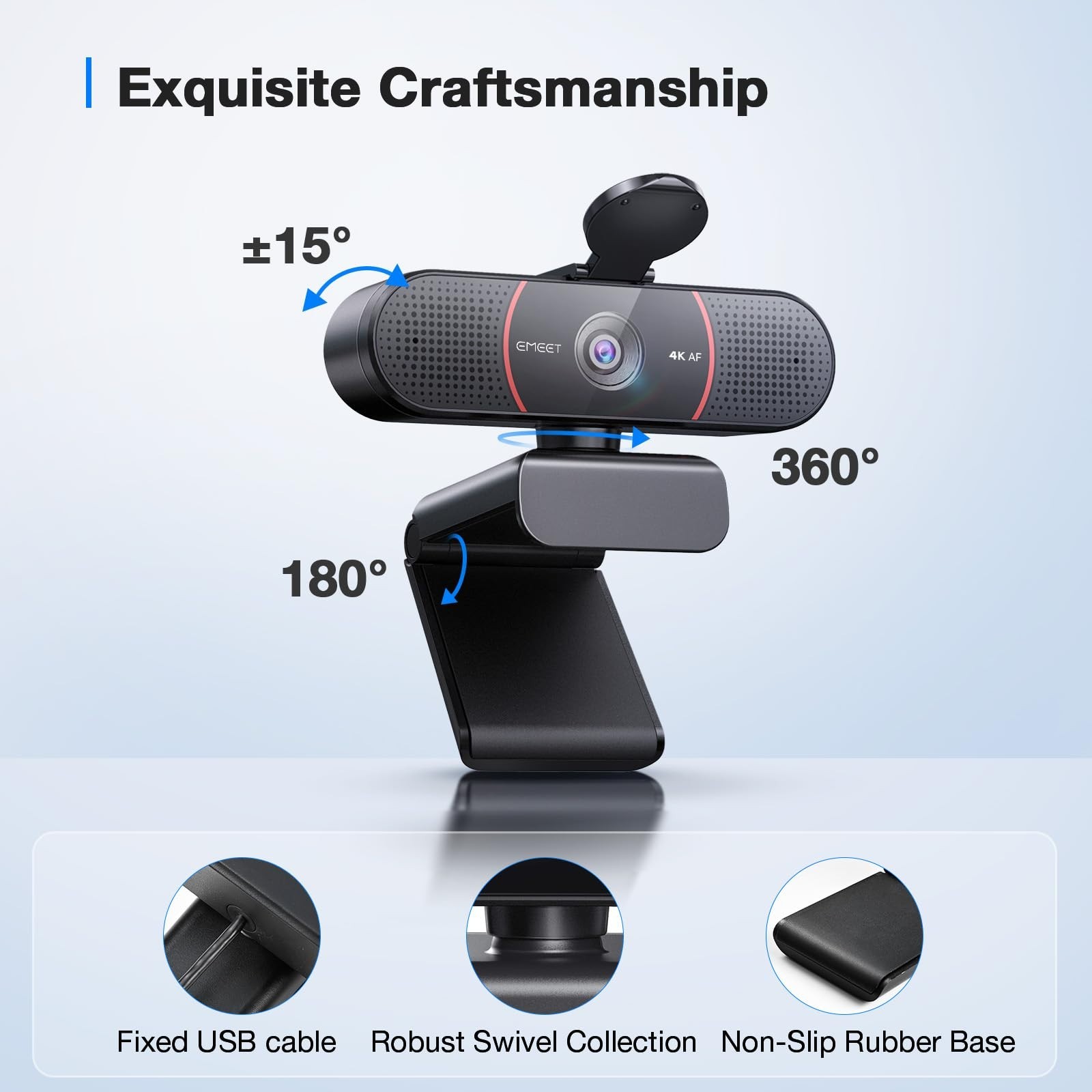 4K Webcam with Auto Focus, Dual Mics, Privacy Cover, USB Plug & Play for Zoom/Te