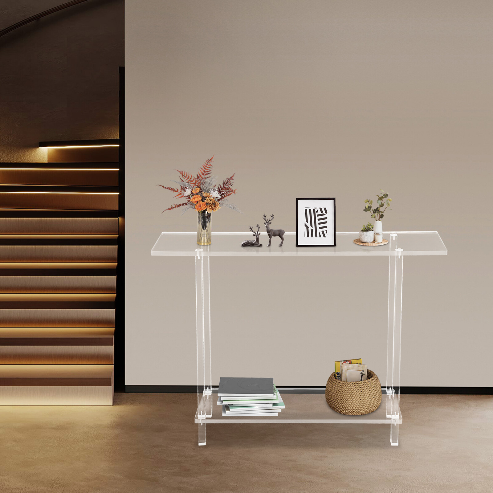 Acrylic Table Clear Entry Table Small Entryway Table W/ Open Shelves 100×80×20cm