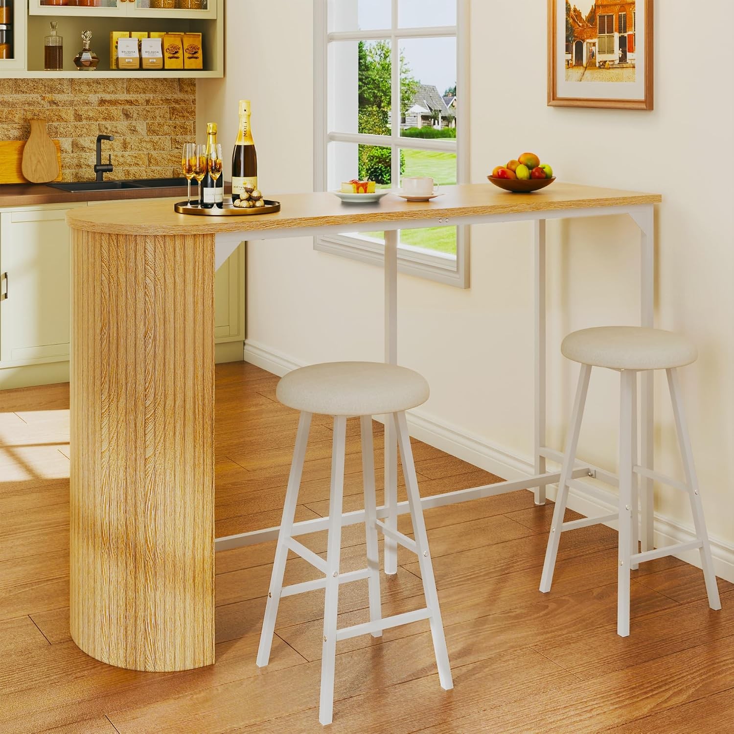 Fluted Bar Table and Chairs Set, 55'' Long Bar Tables with 2 Stools, 3 Piece