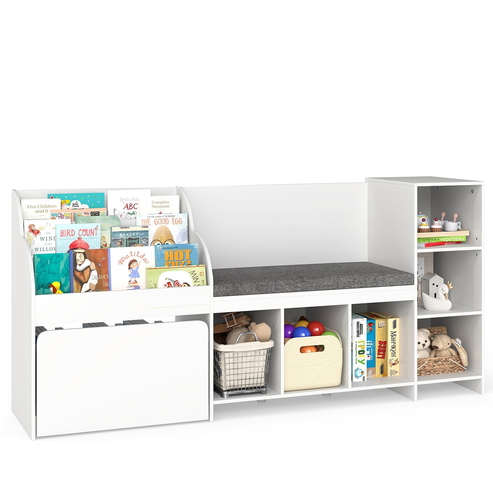 Bookshelf Storage Organizer with Reading Nook Seat Cushion, Drawer on Wheels ...